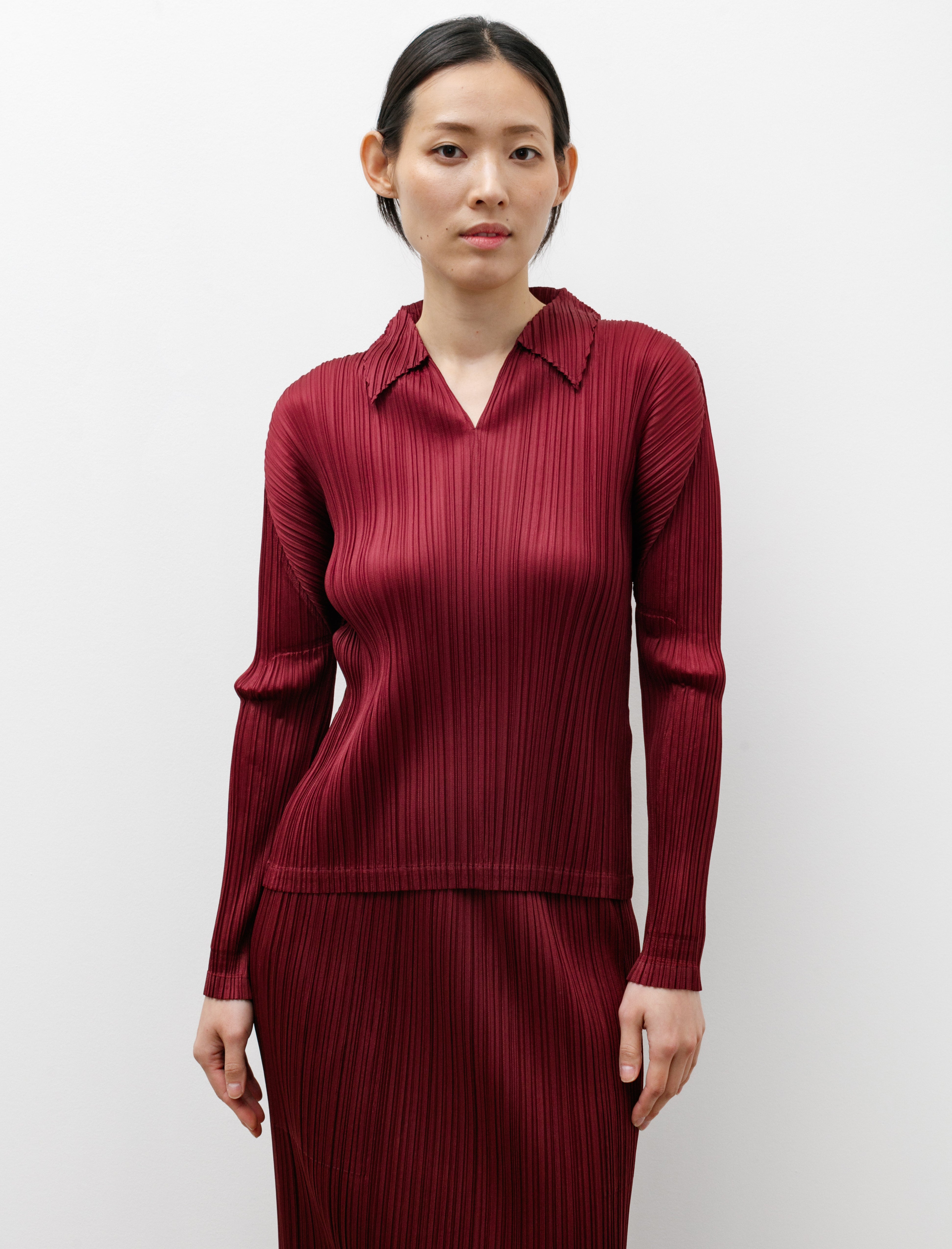 Pleats Please by Issey Miyake Polo Neck Long Sleeve Top Wine