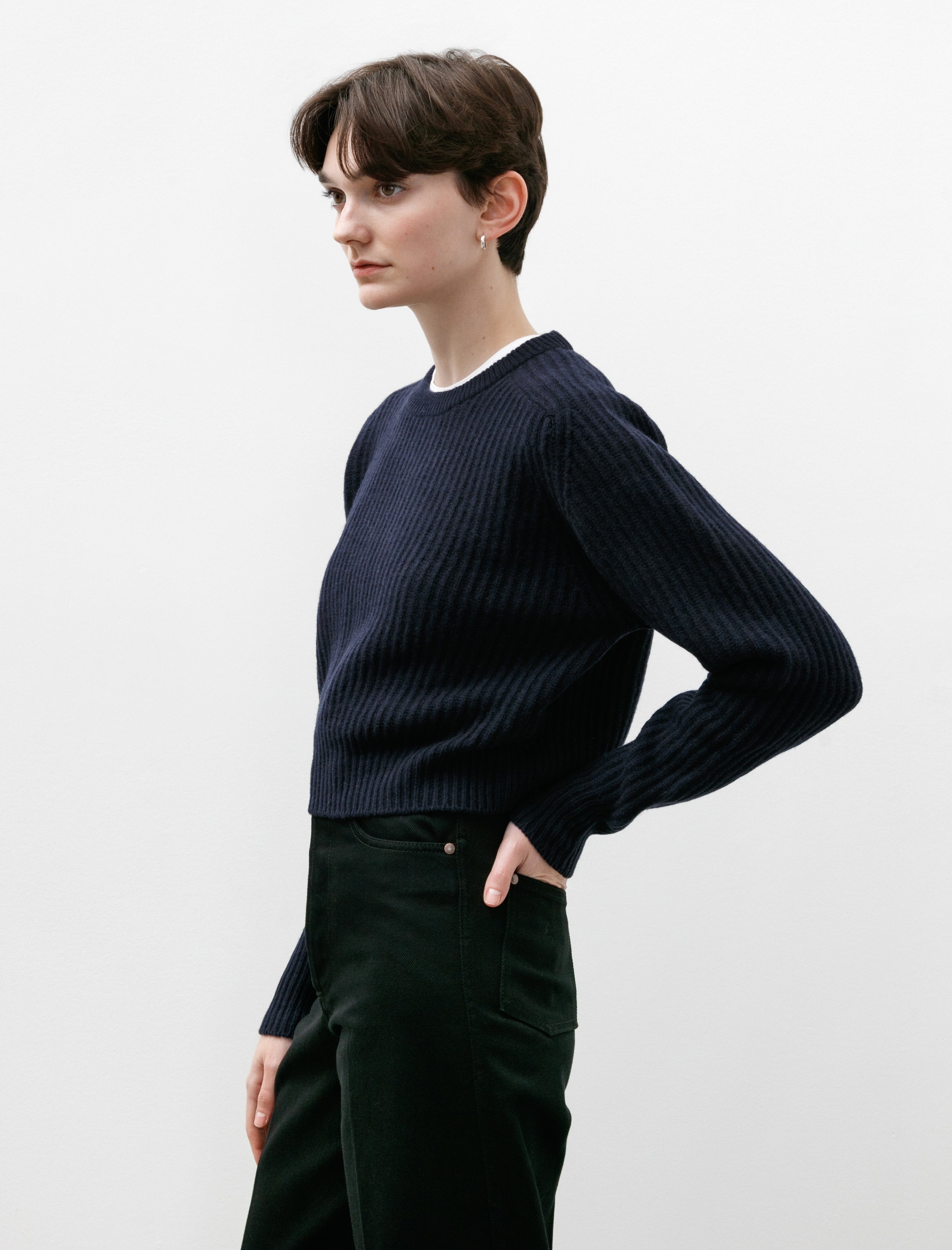 Cristaseya Cashmere Wool Maxi Ribbed Raglan Cropped Knit Navy