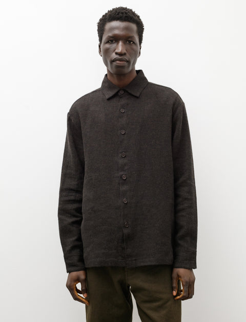 Evan Kinori Flat Hem Shirt Brushed Linen Wool Dark Brown