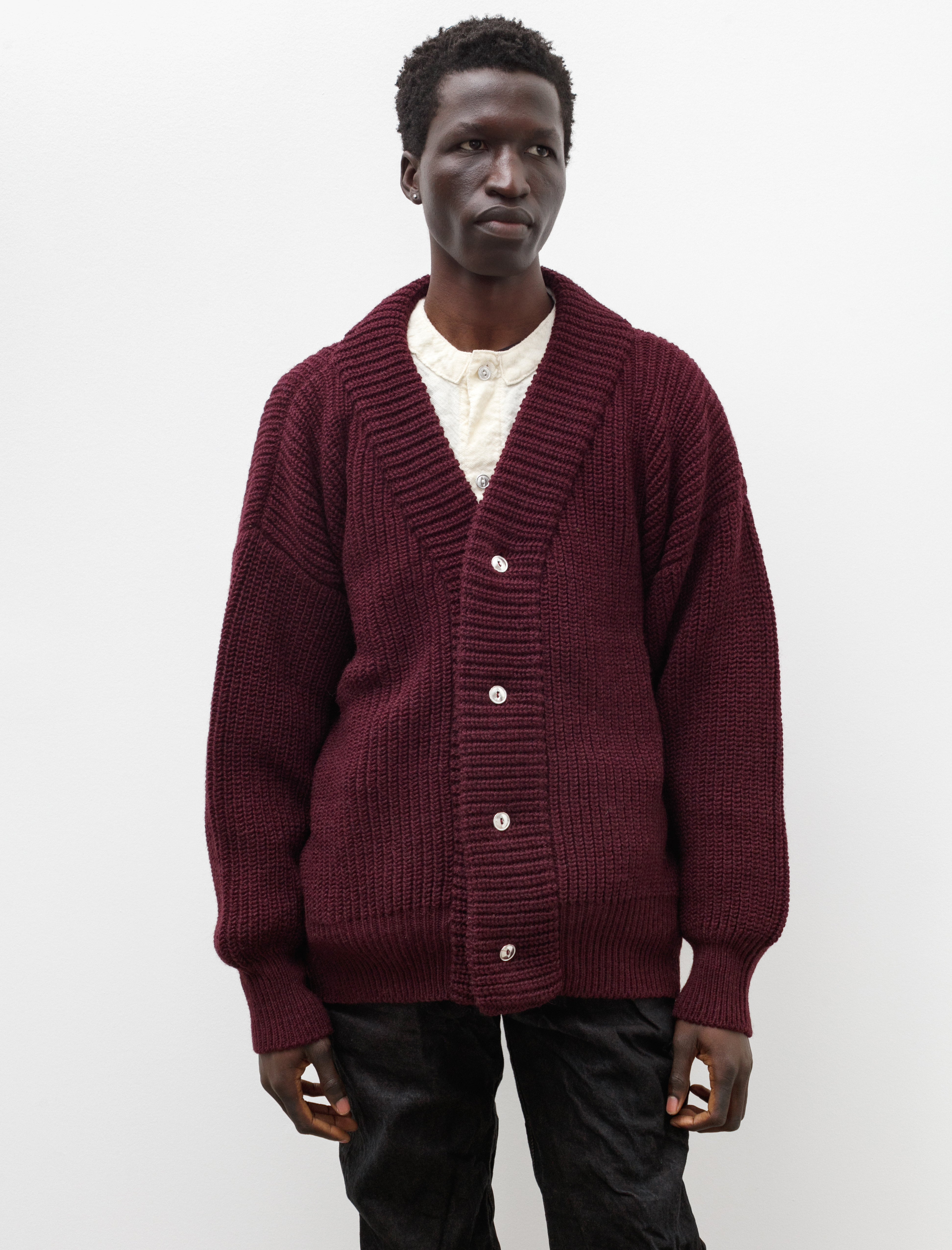 Tender 716 Round Rib Cardigan Wool Gansey Prune