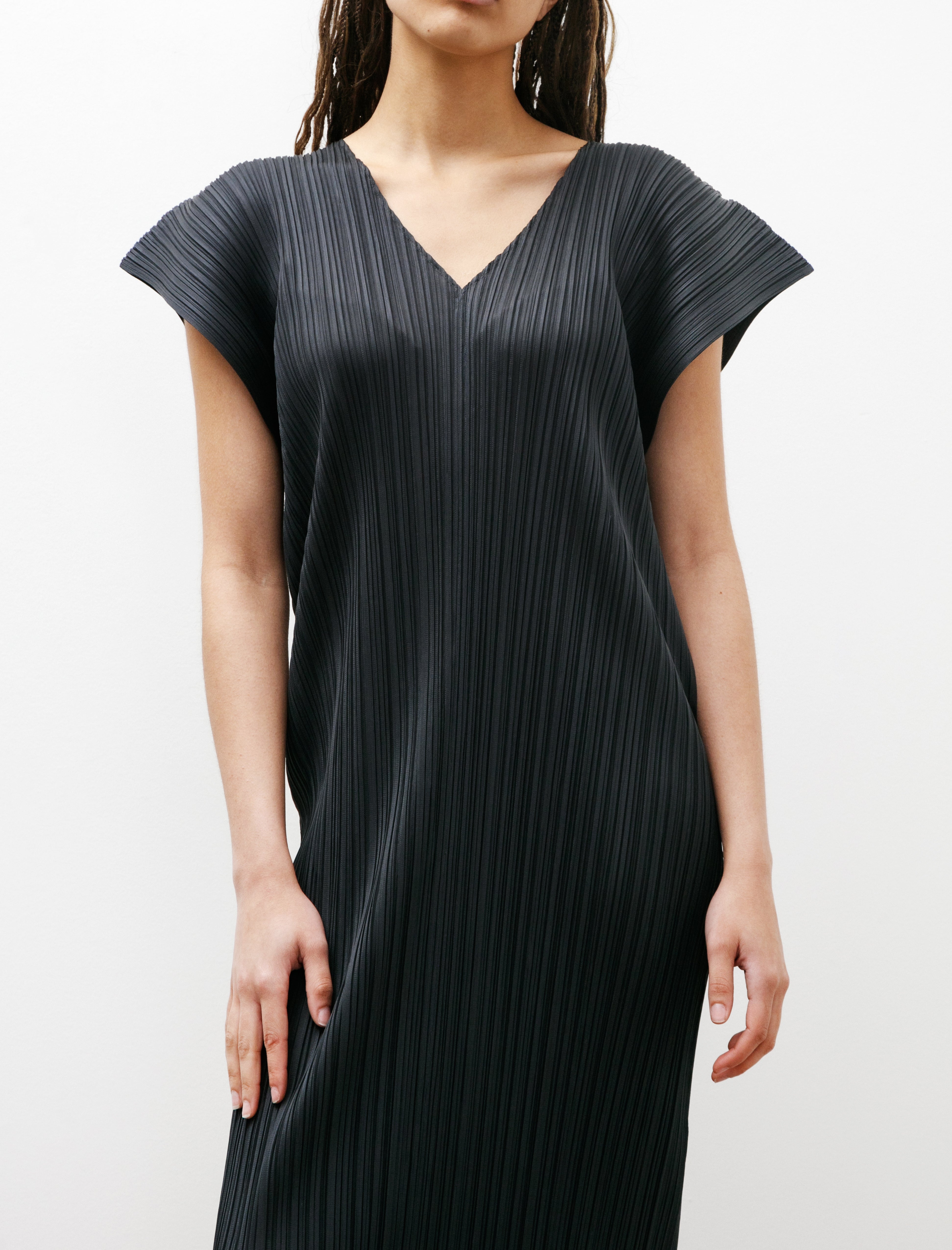 Pleats Please by Issey Miyake V Back Short Sleeve Dress Charcoal
