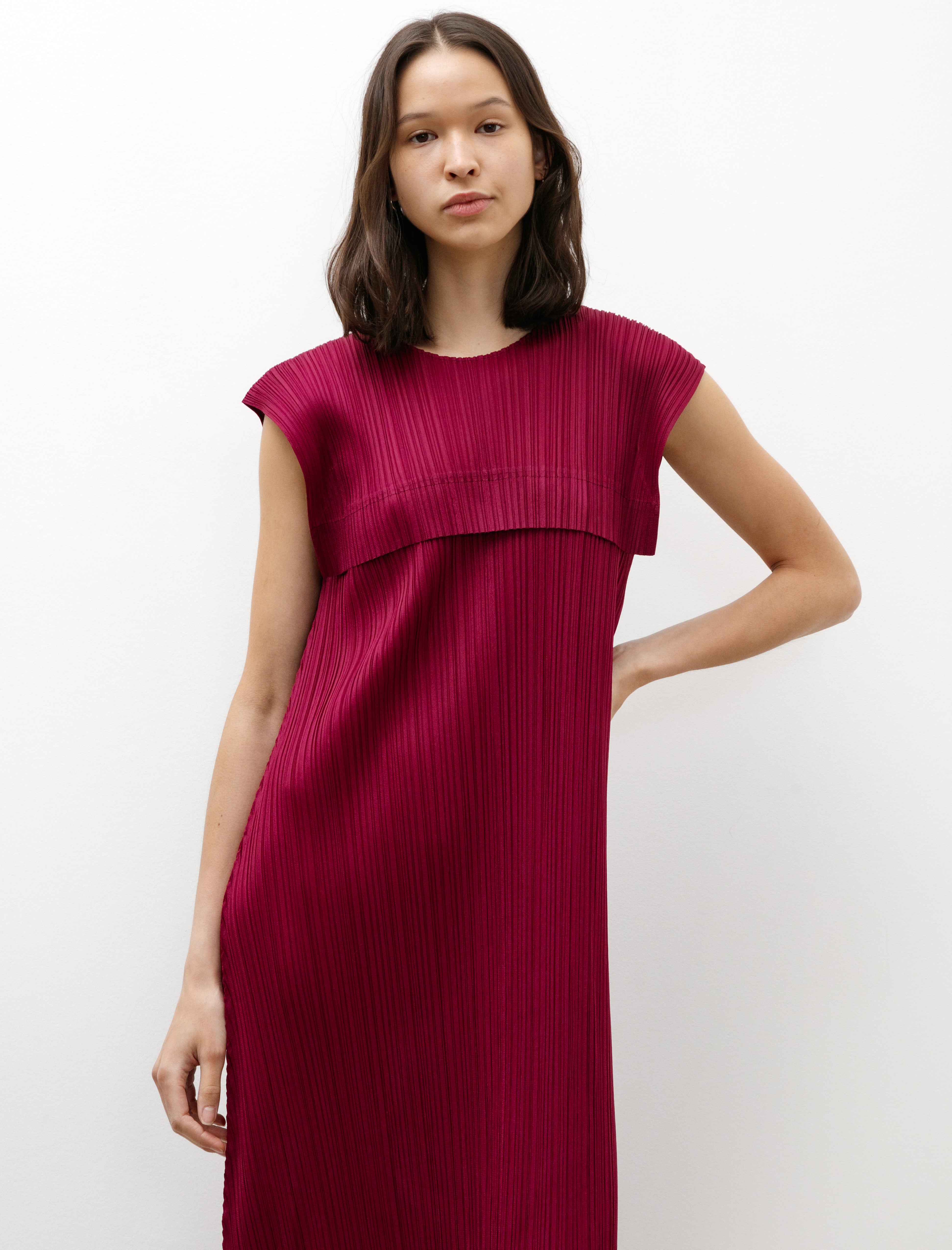 Pleats Please by Issey Miyake Monthly Colors Cap Sleeve Dress Raspberry