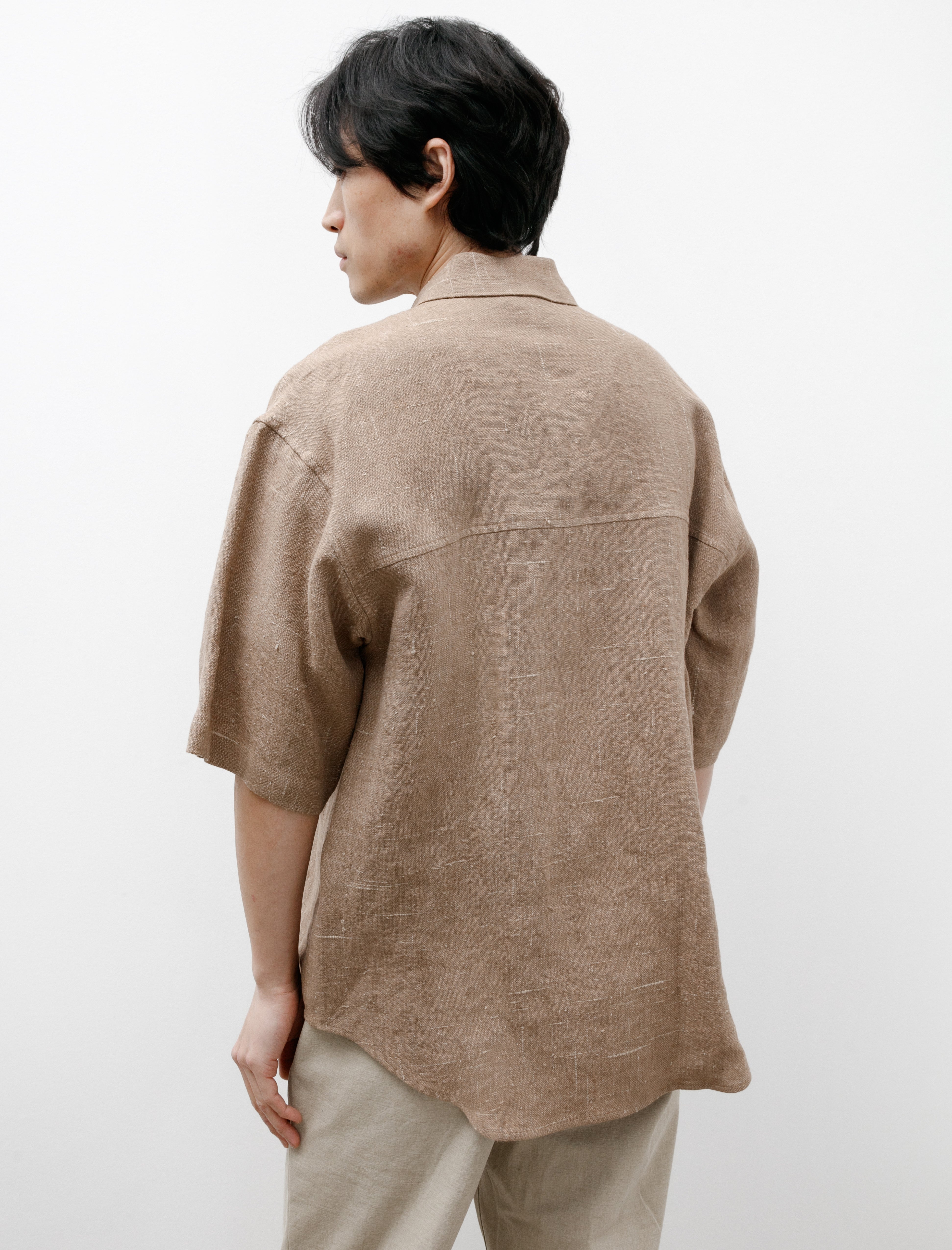 Auralee Linen Silk Tweed Half Sleeve Shirt Brown
