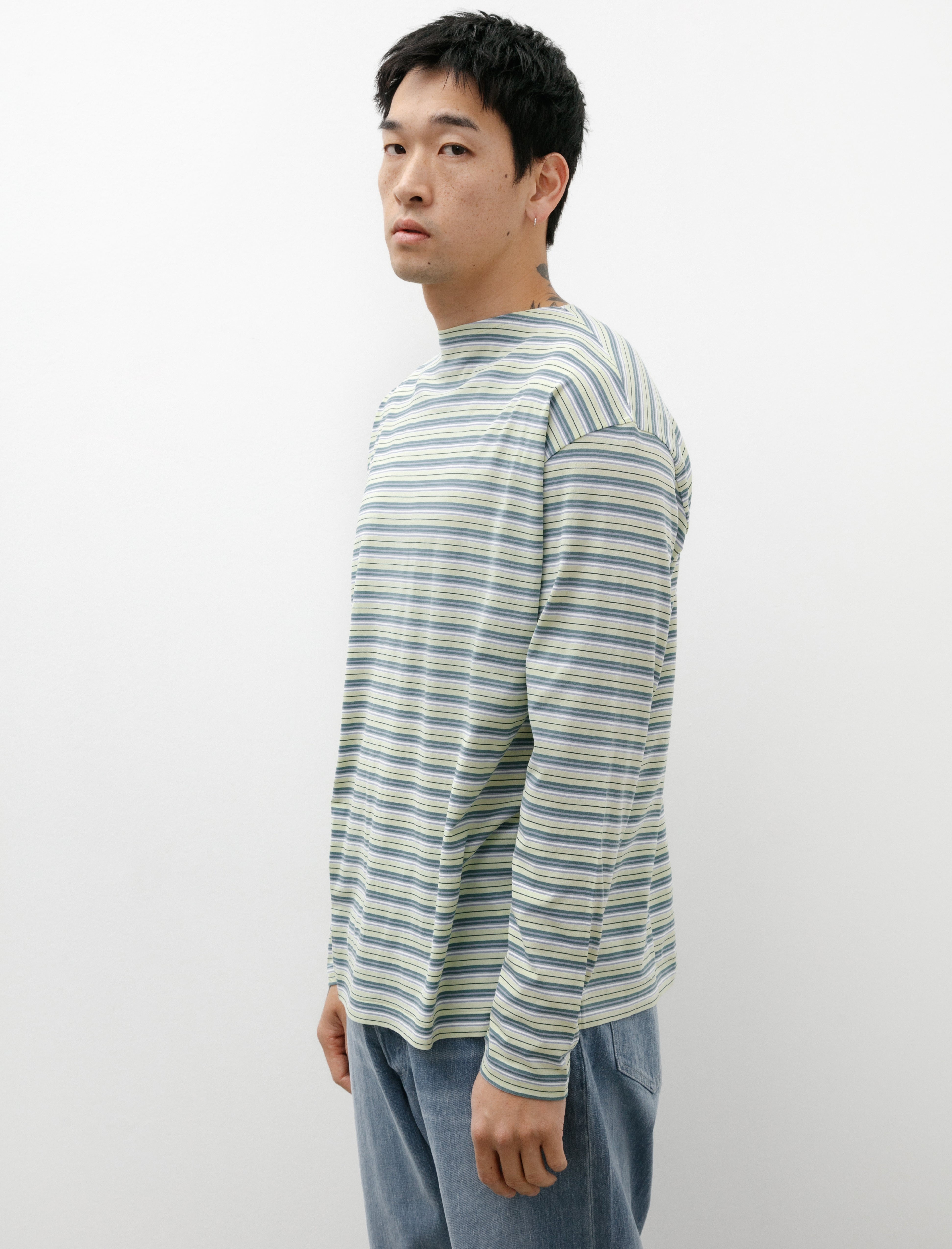 Auralee Hard Twist Cotton Border Boatneck L/S Tee Light Green