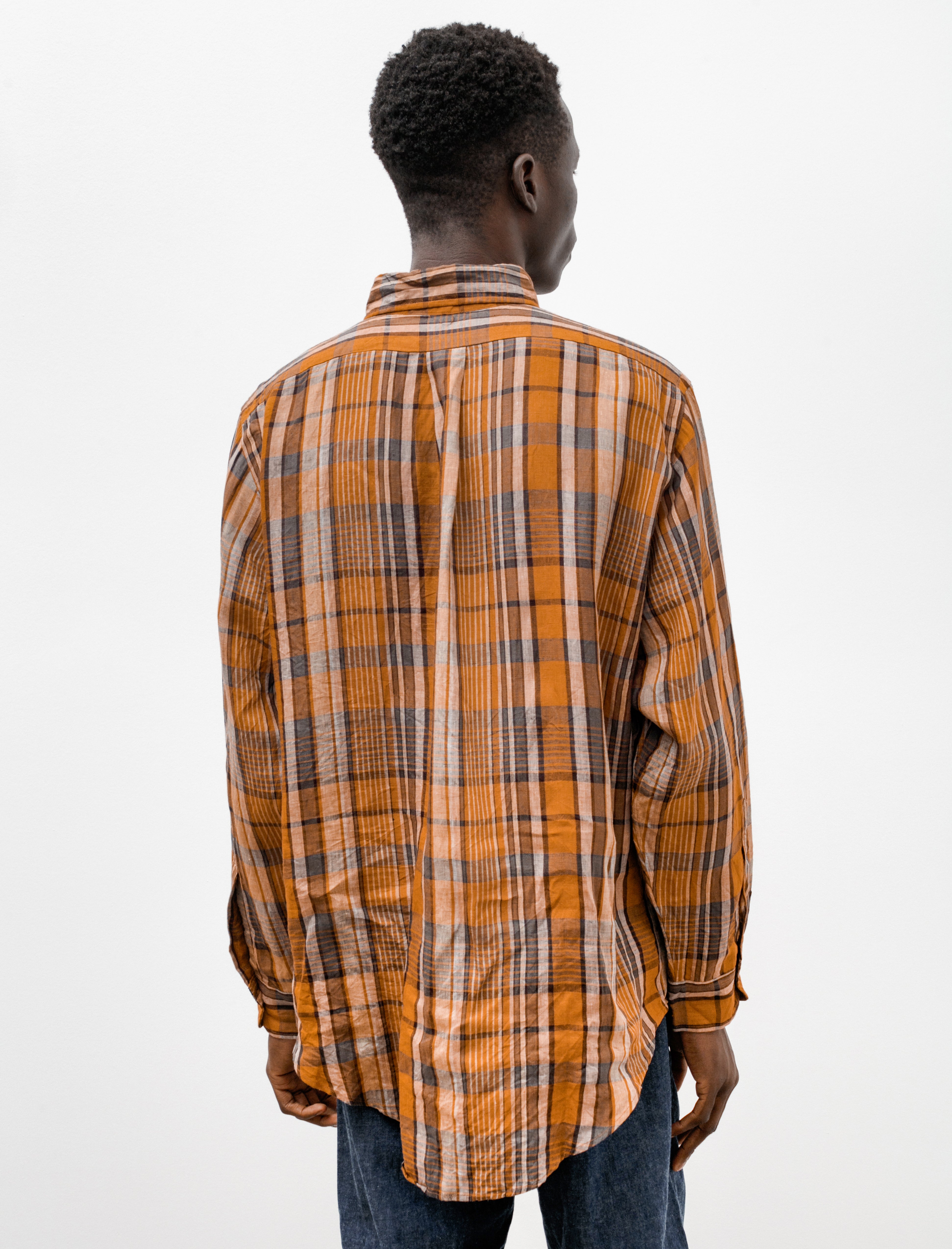 orSlow Linen Button Down Safari Shirt Orange Check