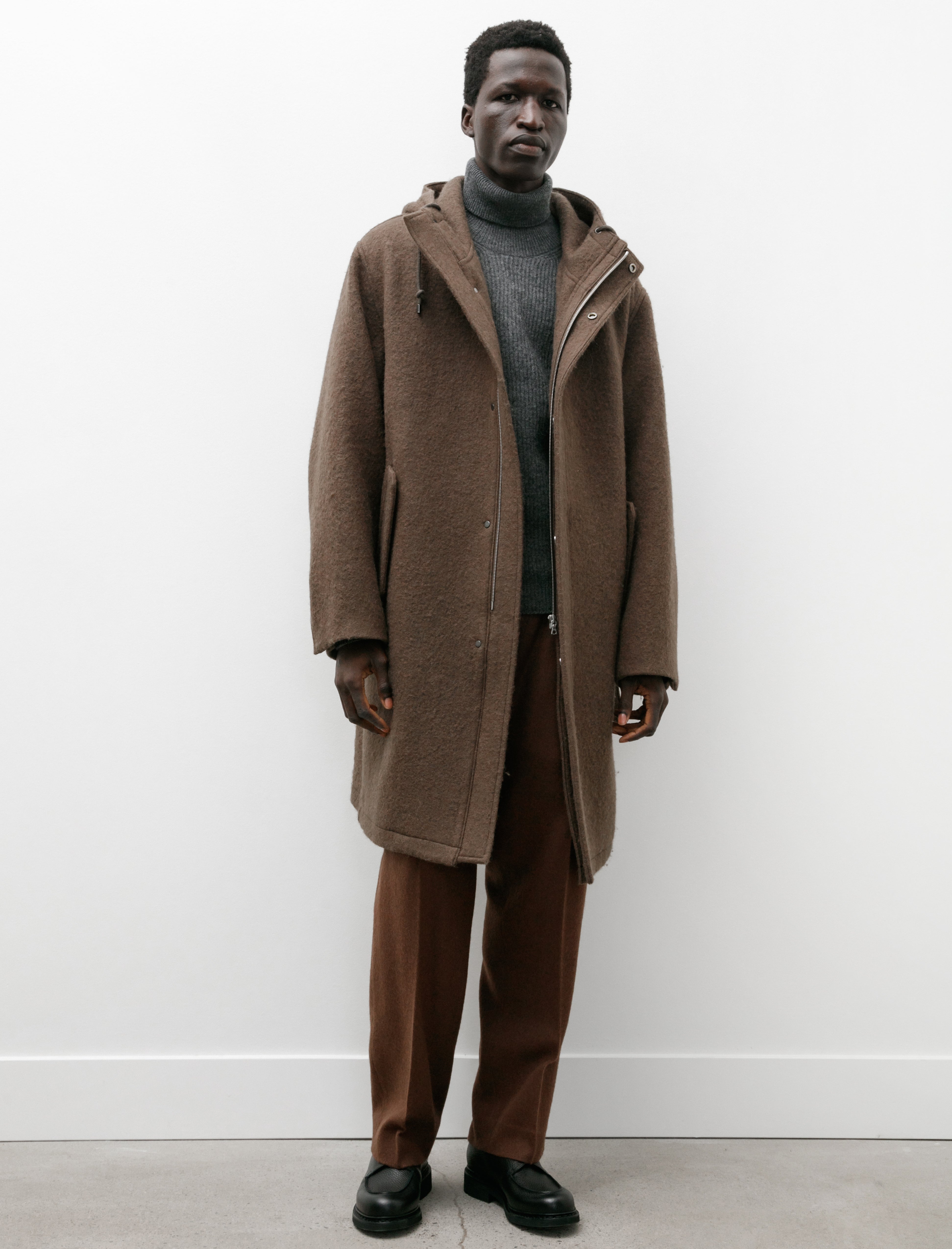 Auralee Brushed Alpaca Wool Melton Hooded Coat Dark Olive