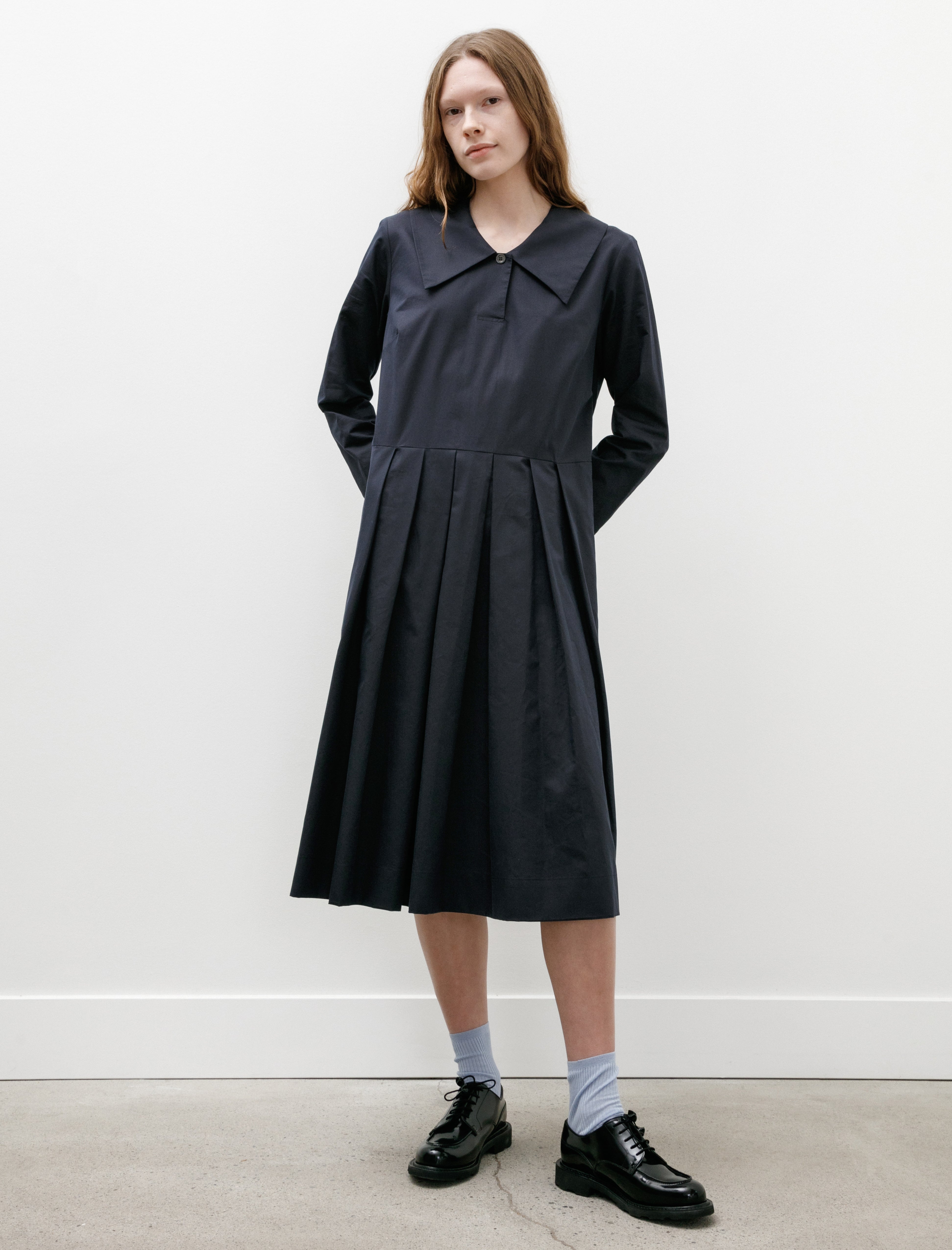 Margaret Howell Big Collar Dress Soft Cotton Silk Navy