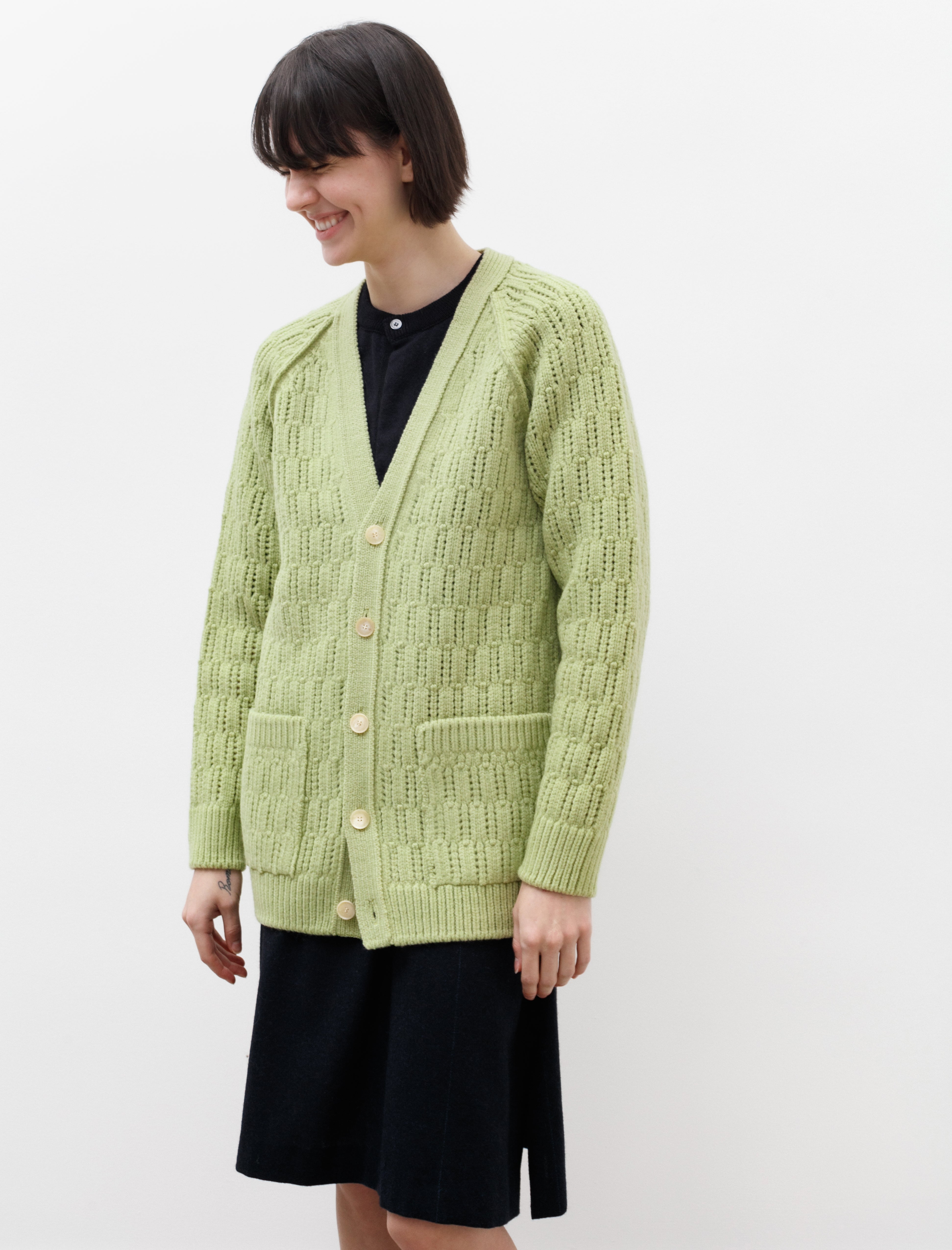 Auralee Wool Cord Rib Knit Cardigan Light Green