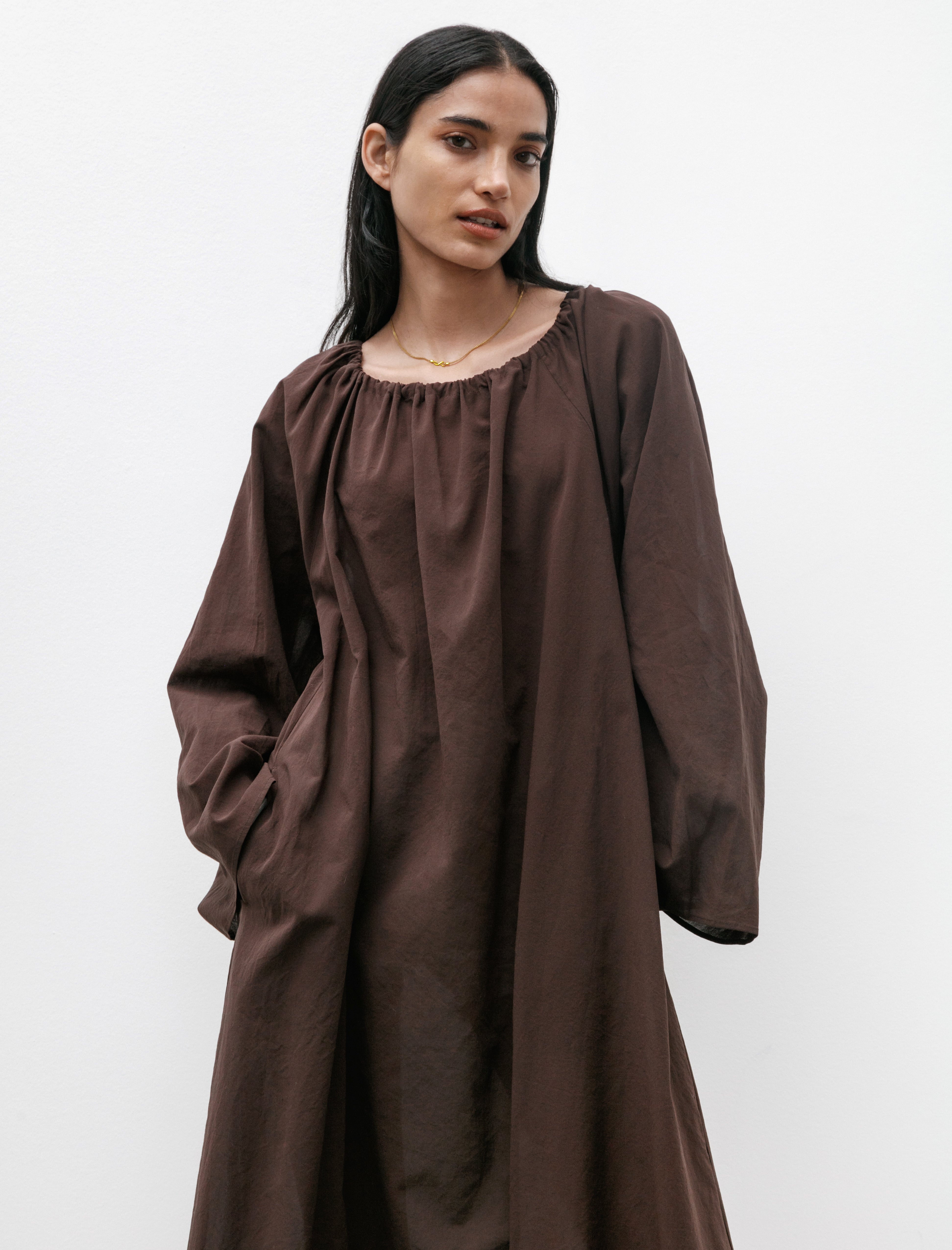 Cristaseya Gathered Dress Light Cotton Dark Brown