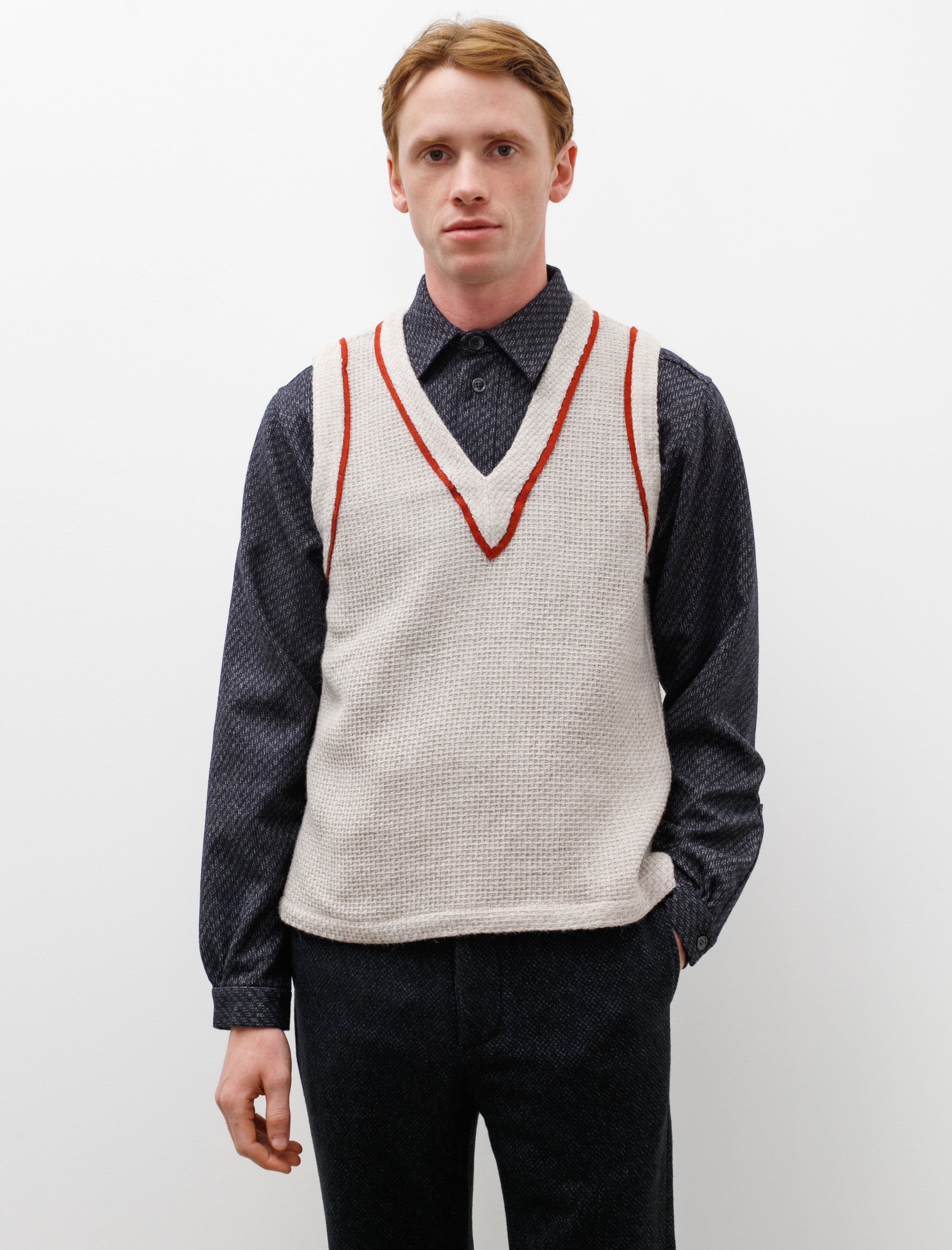 Frank Leder Wool Vest Light Grey Red Detail