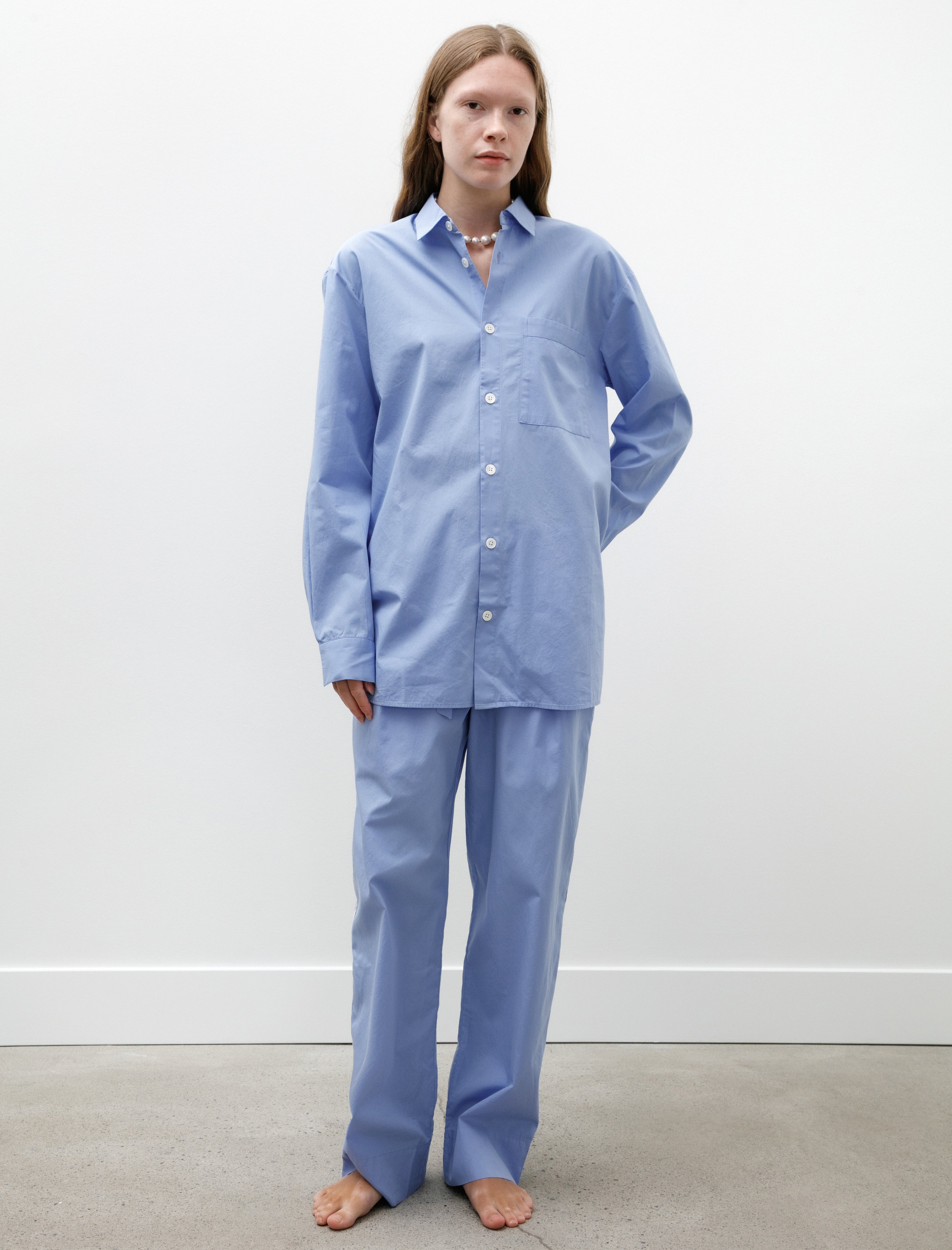 Tekla Poplin Pyjama Long Shirt Cornflower Blue