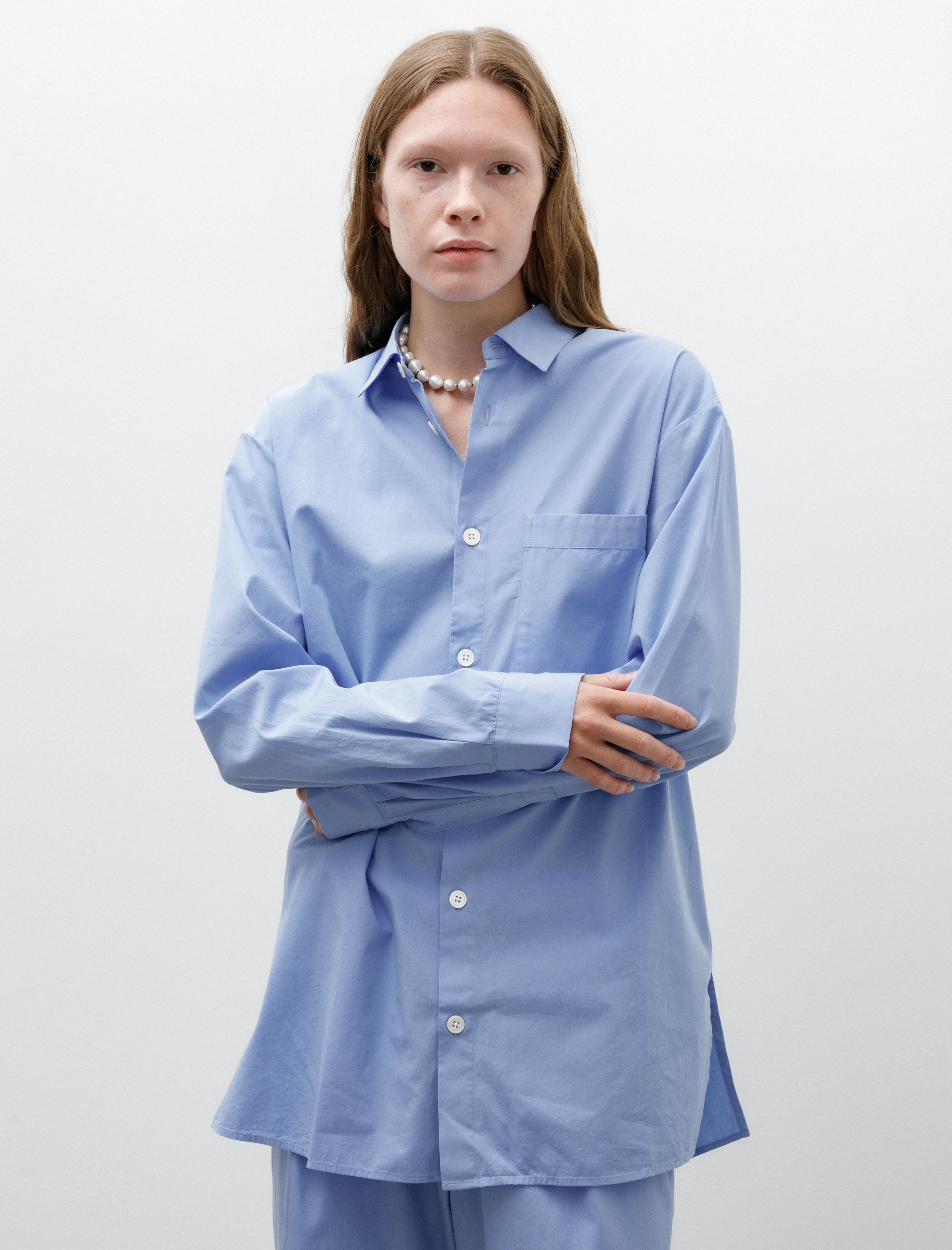 Tekla Poplin Pyjama Long Shirt Cornflower Blue