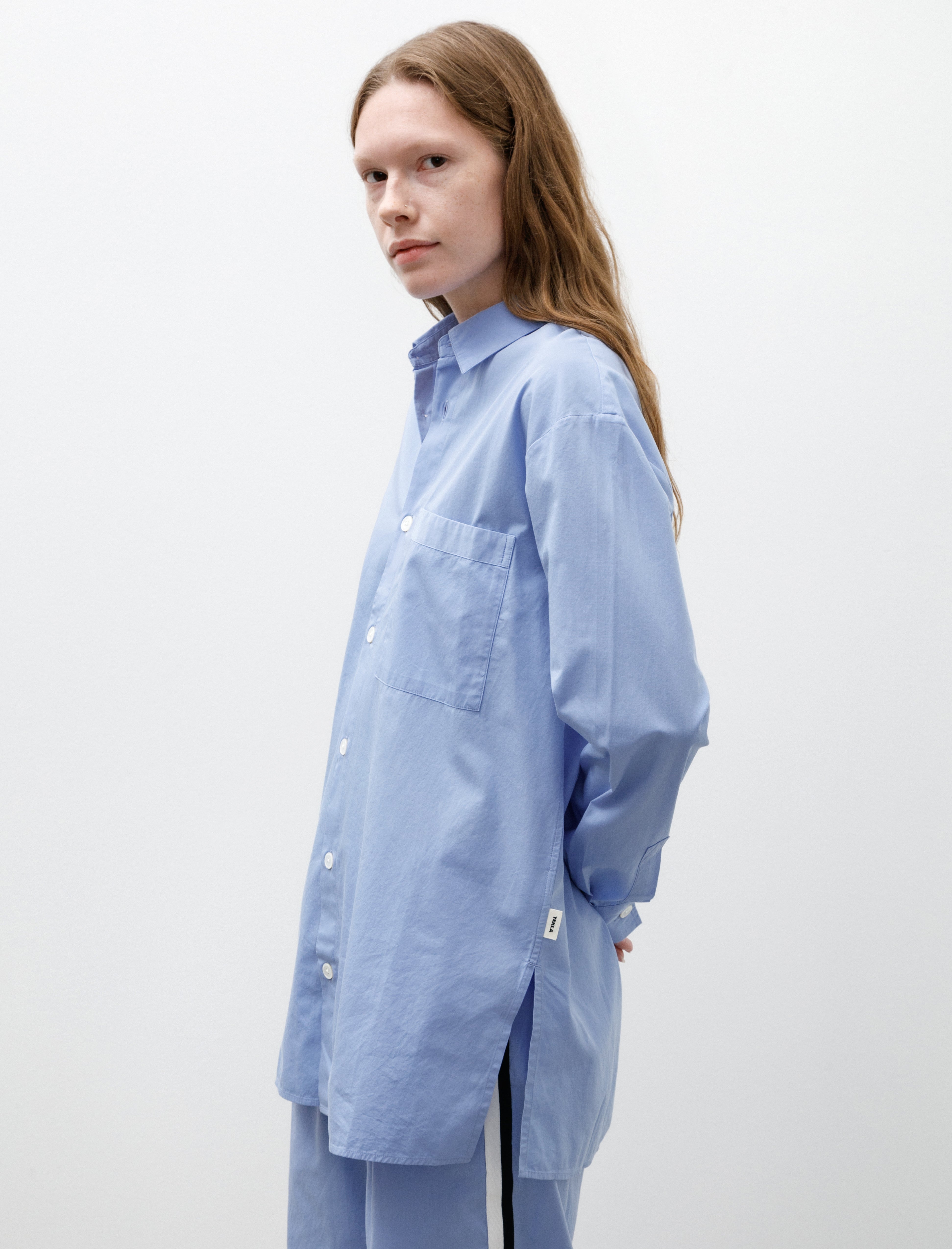 Tekla Poplin Pyjama Long Shirt Cornflower Blue