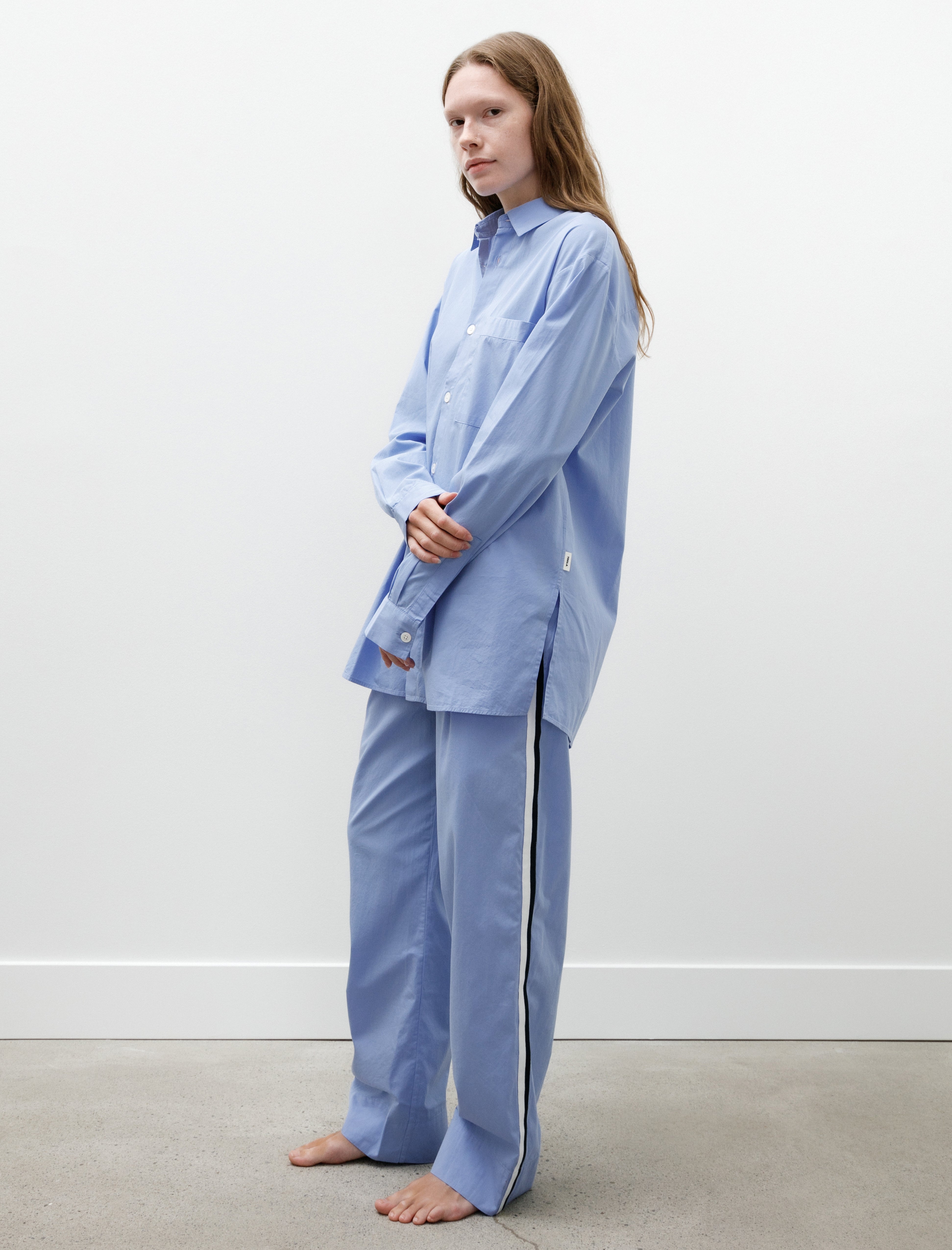 Tekla Poplin Grosgrain Stripe Pyjama Pants Cornflower Blue
