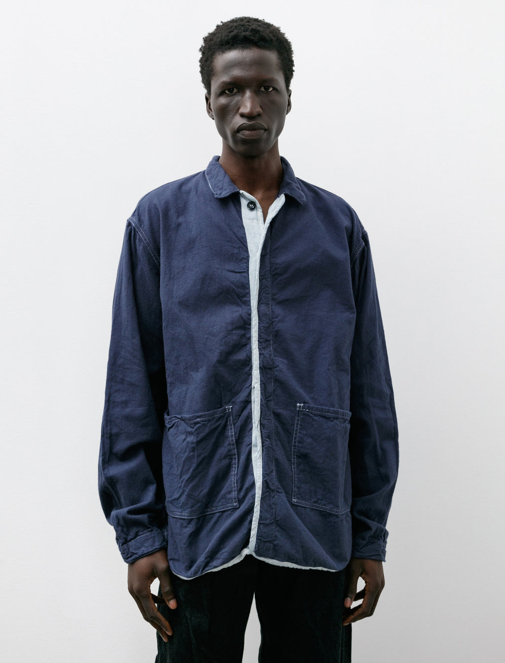 TENDER CO コットンウール ネイビーシャツ ウォッシャブルウールバンドカラーオーバーシャツ（ネイビー）【ユニ