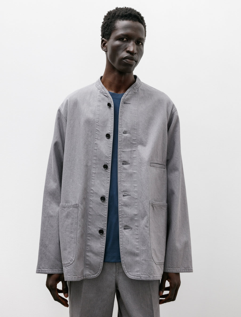 Ernie Palo Denim No Collar Jacket Gray – Neighbour 