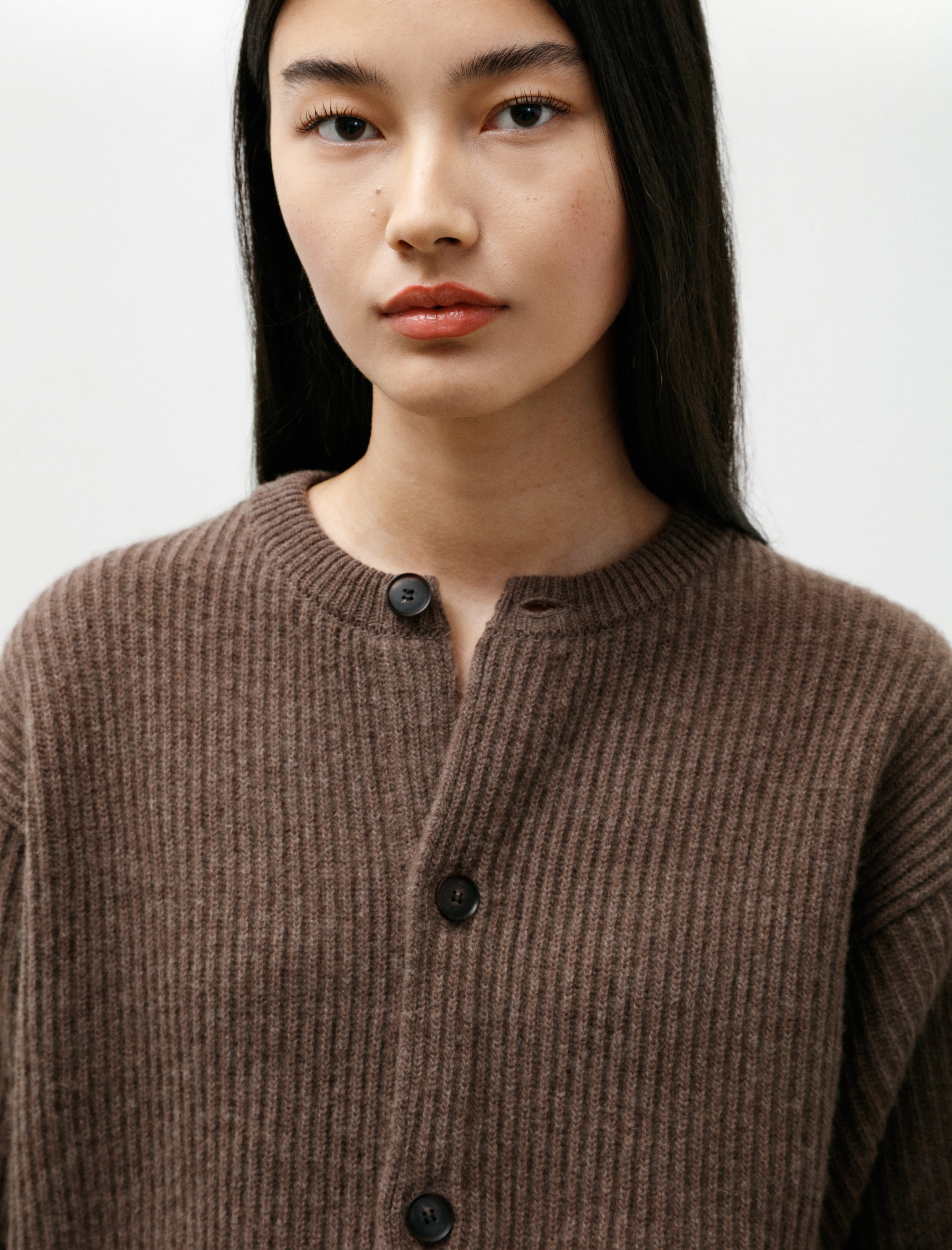 AURALEE x TEKLA Cashmere Crewneck Cardigan Soil Brown