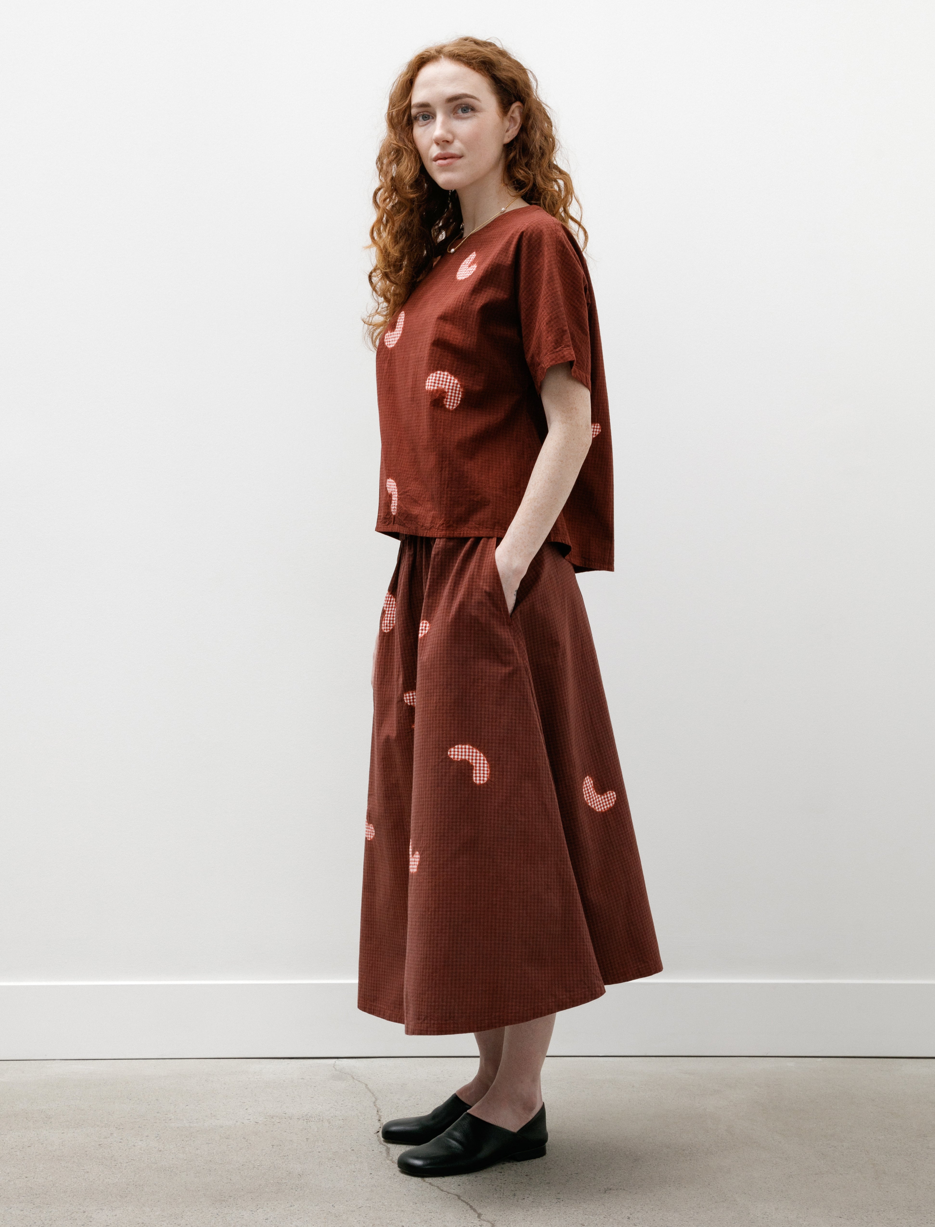 Suzusan Koboushi Shibori Smile Cotton Gingham Flare Skirt Bordeaux/Red