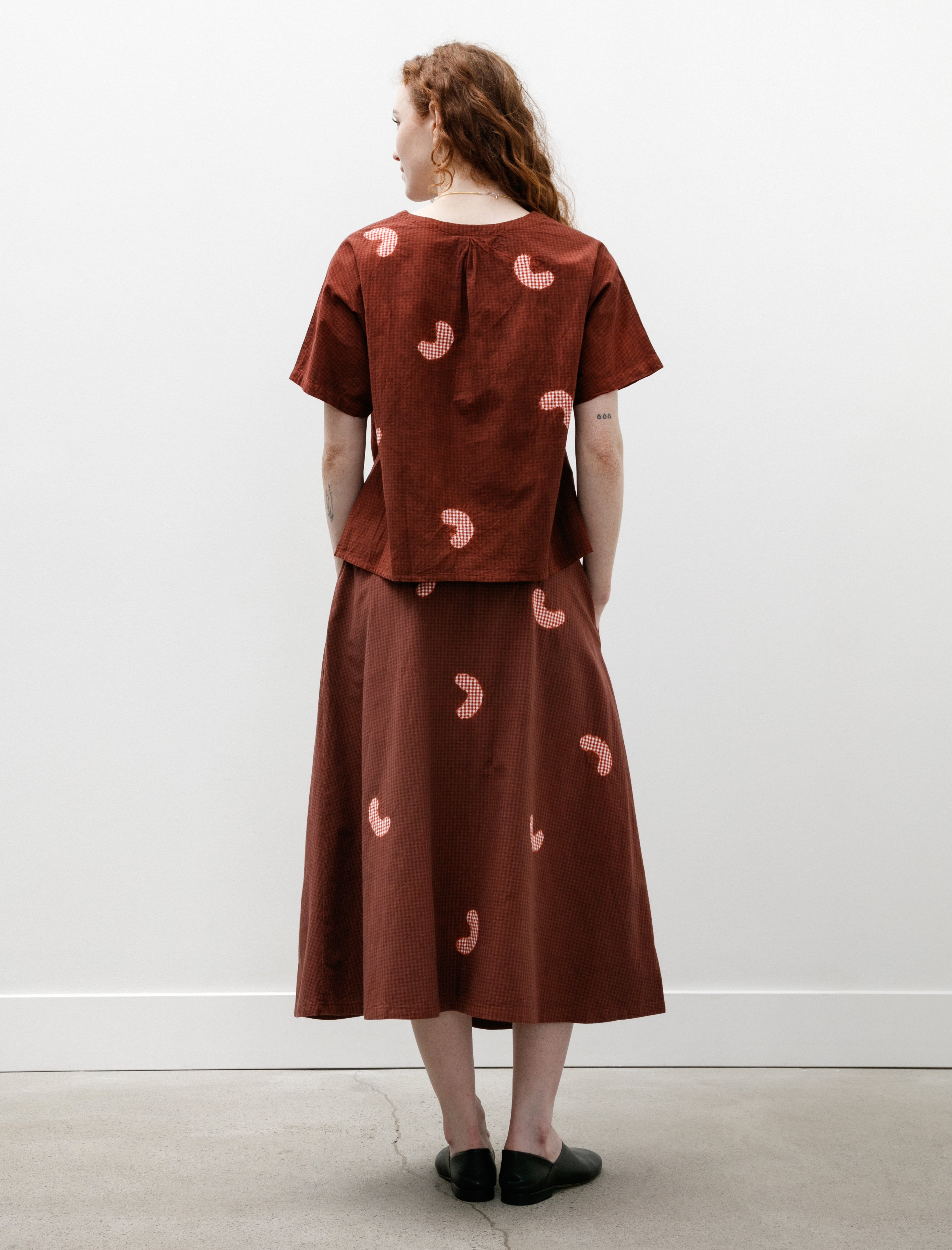 Suzusan Koboushi Shibori Smile Cotton Gingham Flare Skirt Bordeaux/Red