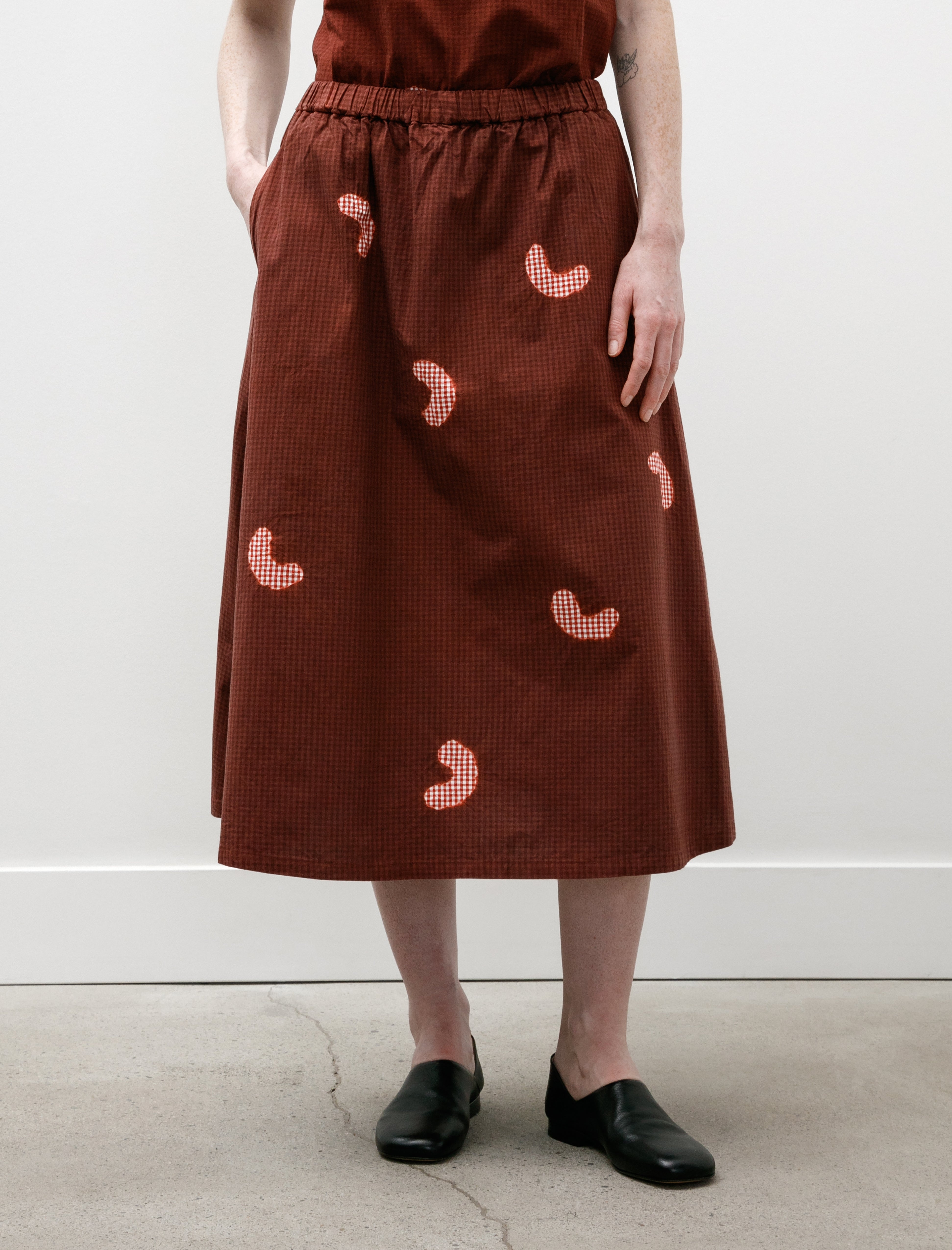 Suzusan Koboushi Shibori Smile Cotton Gingham Flare Skirt Bordeaux/Red