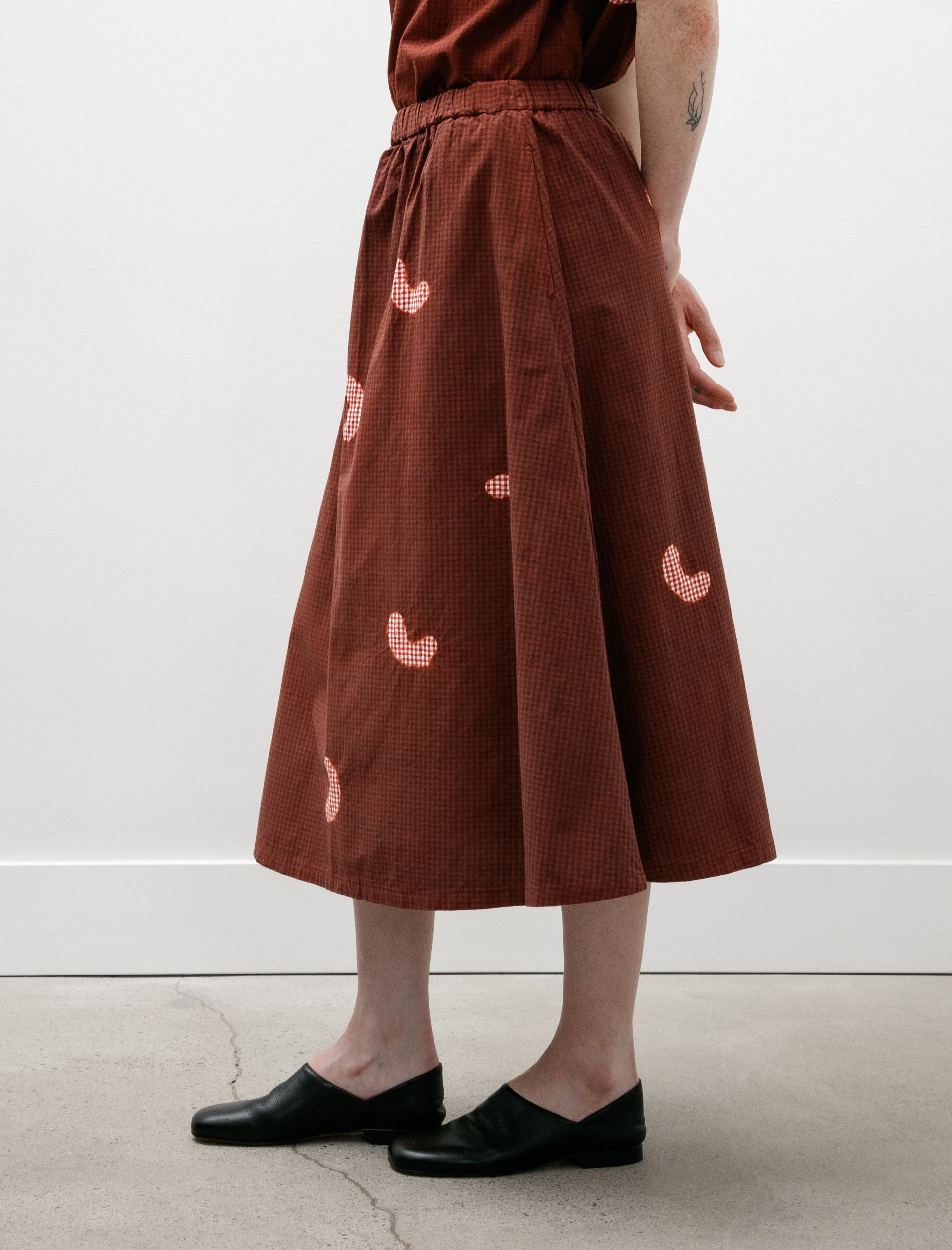 Suzusan Koboushi Shibori Smile Cotton Gingham Flare Skirt Bordeaux/Red