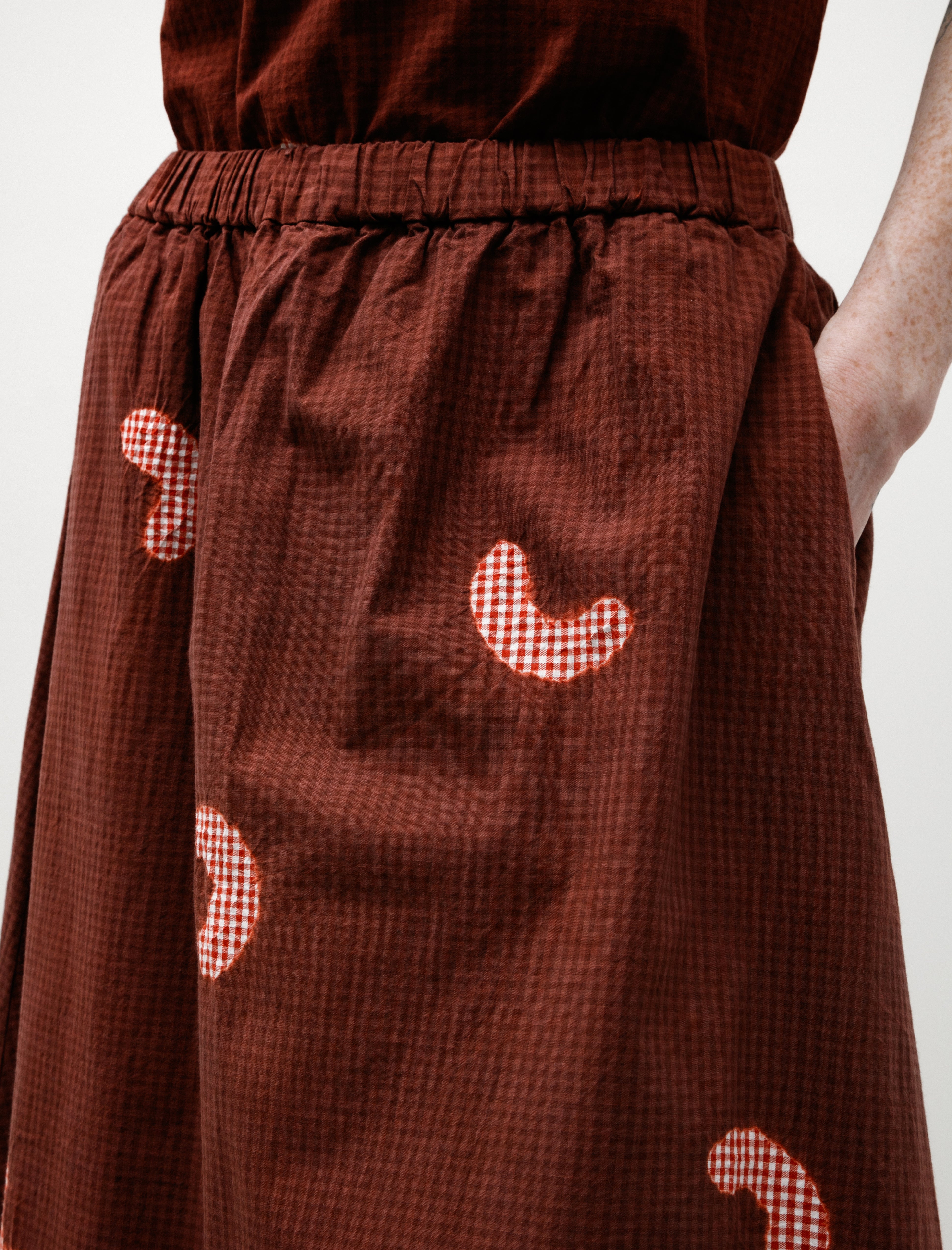 Suzusan Koboushi Shibori Smile Cotton Gingham Flare Skirt Bordeaux/Red