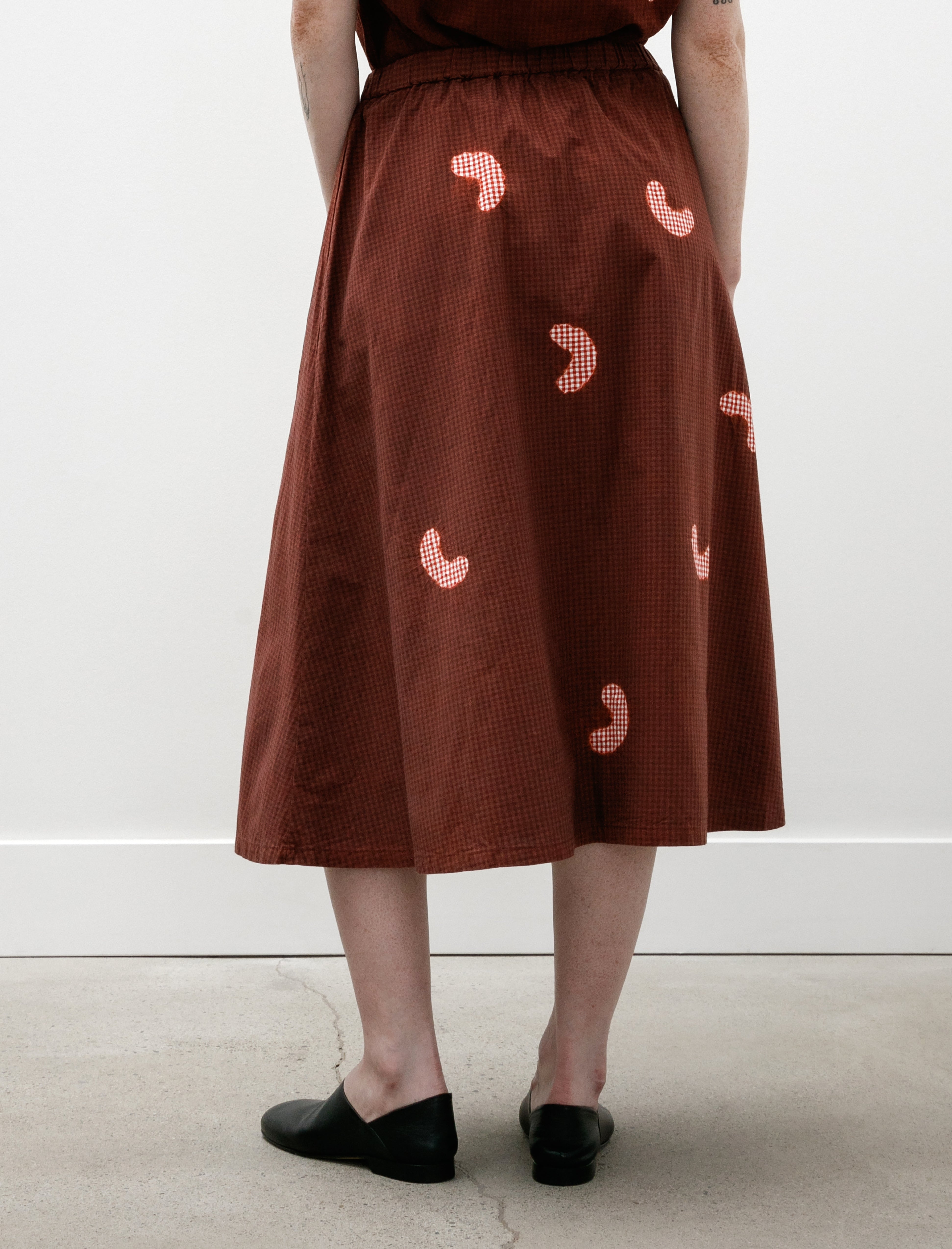 Suzusan Koboushi Shibori Smile Cotton Gingham Flare Skirt Bordeaux/Red