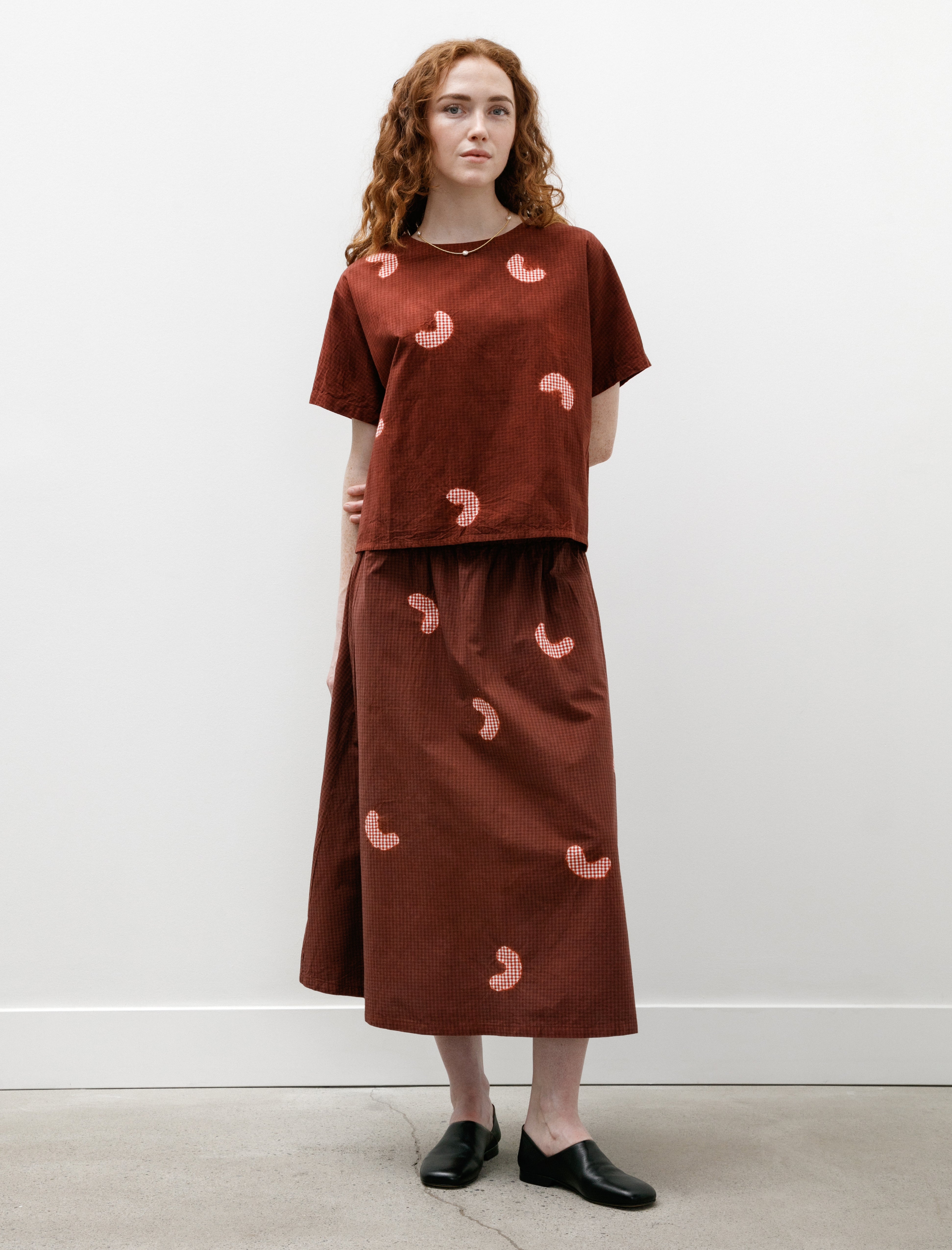 Suzusan Koboushi Shibori Smile Cotton Gingham Flare Skirt Bordeaux/Red