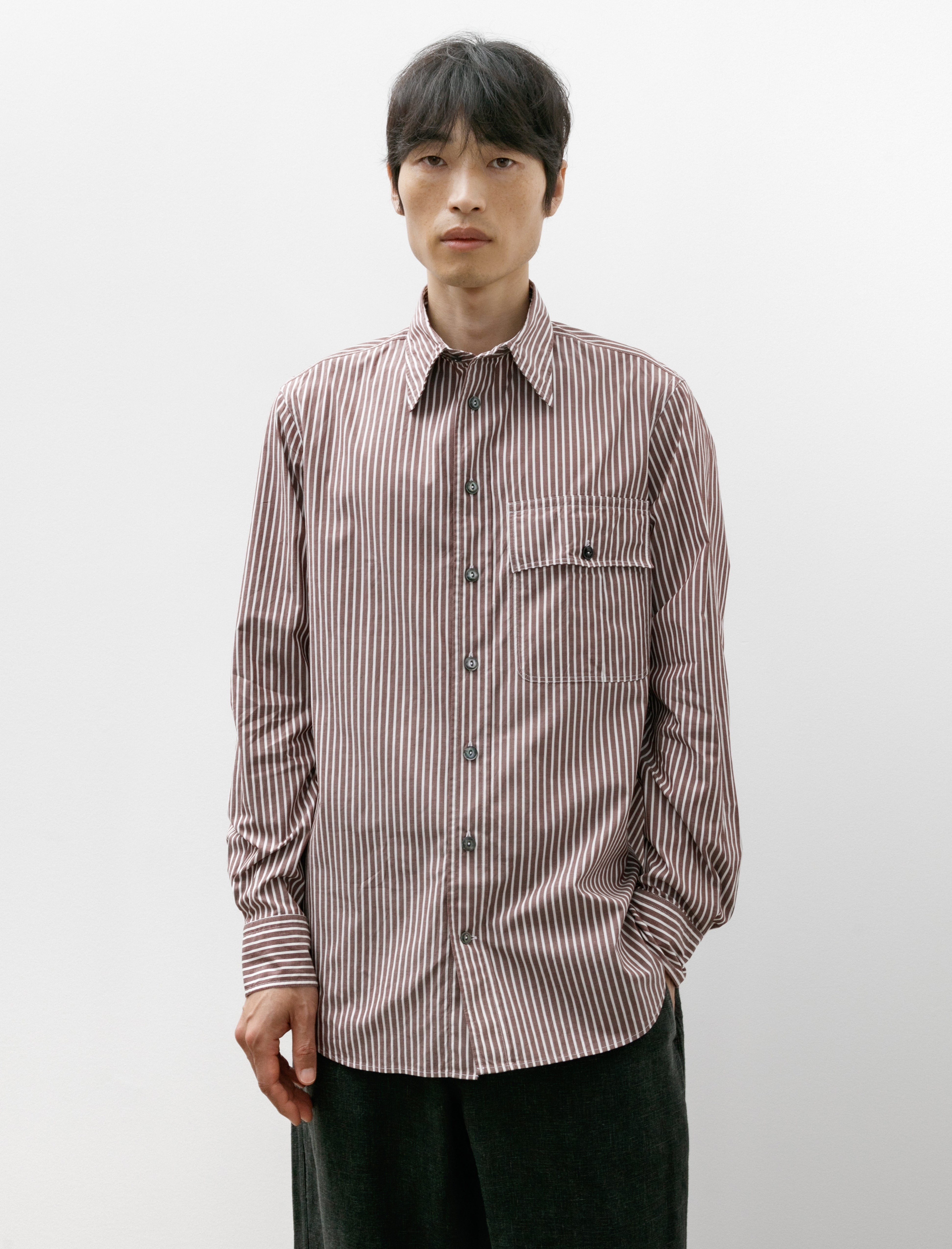 L.E.J 1 Pocket Officer's Shirt Brown Bengal Stripe