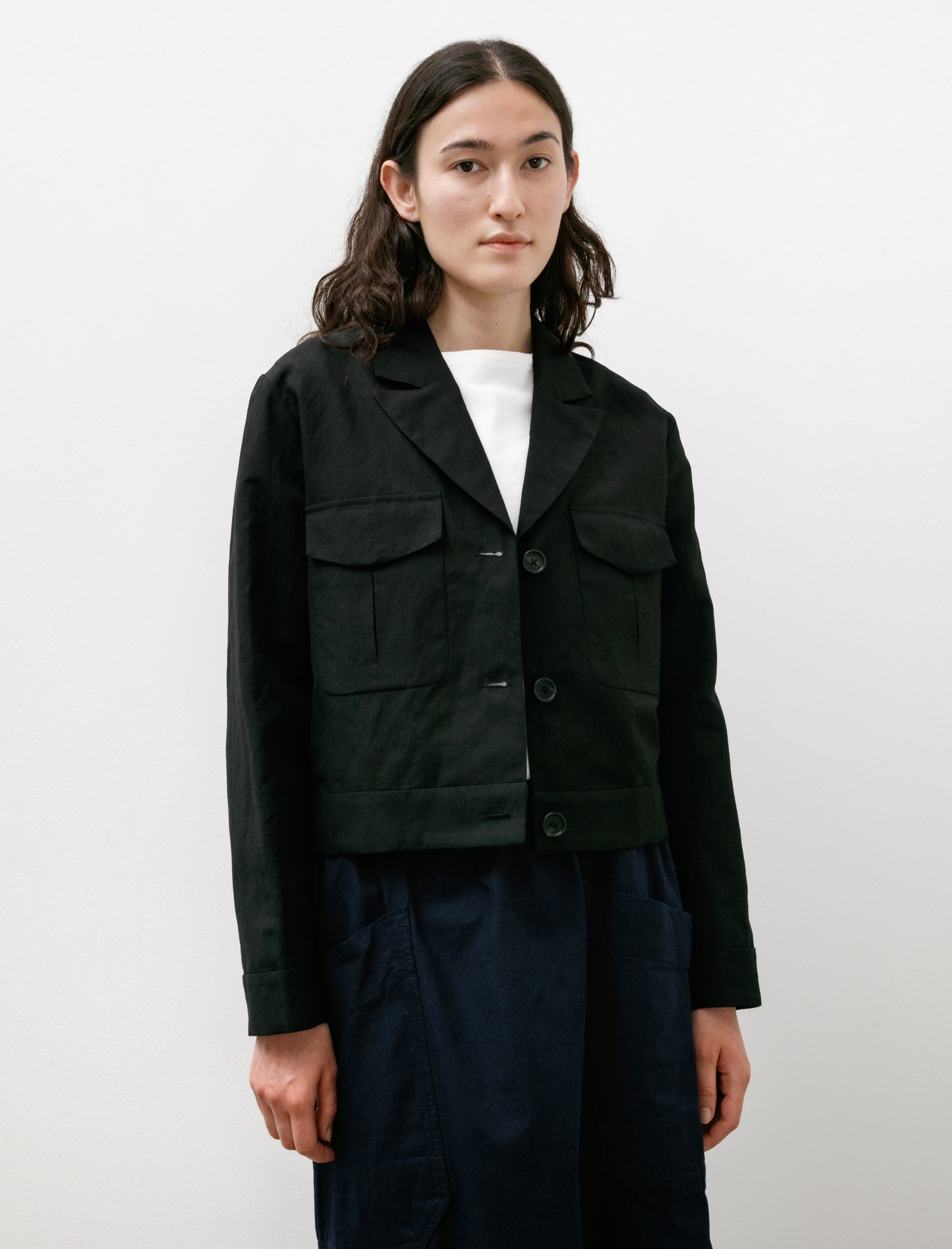 Margaret Howell Cropped Jacket Yarn Dyed Wool Linen Black