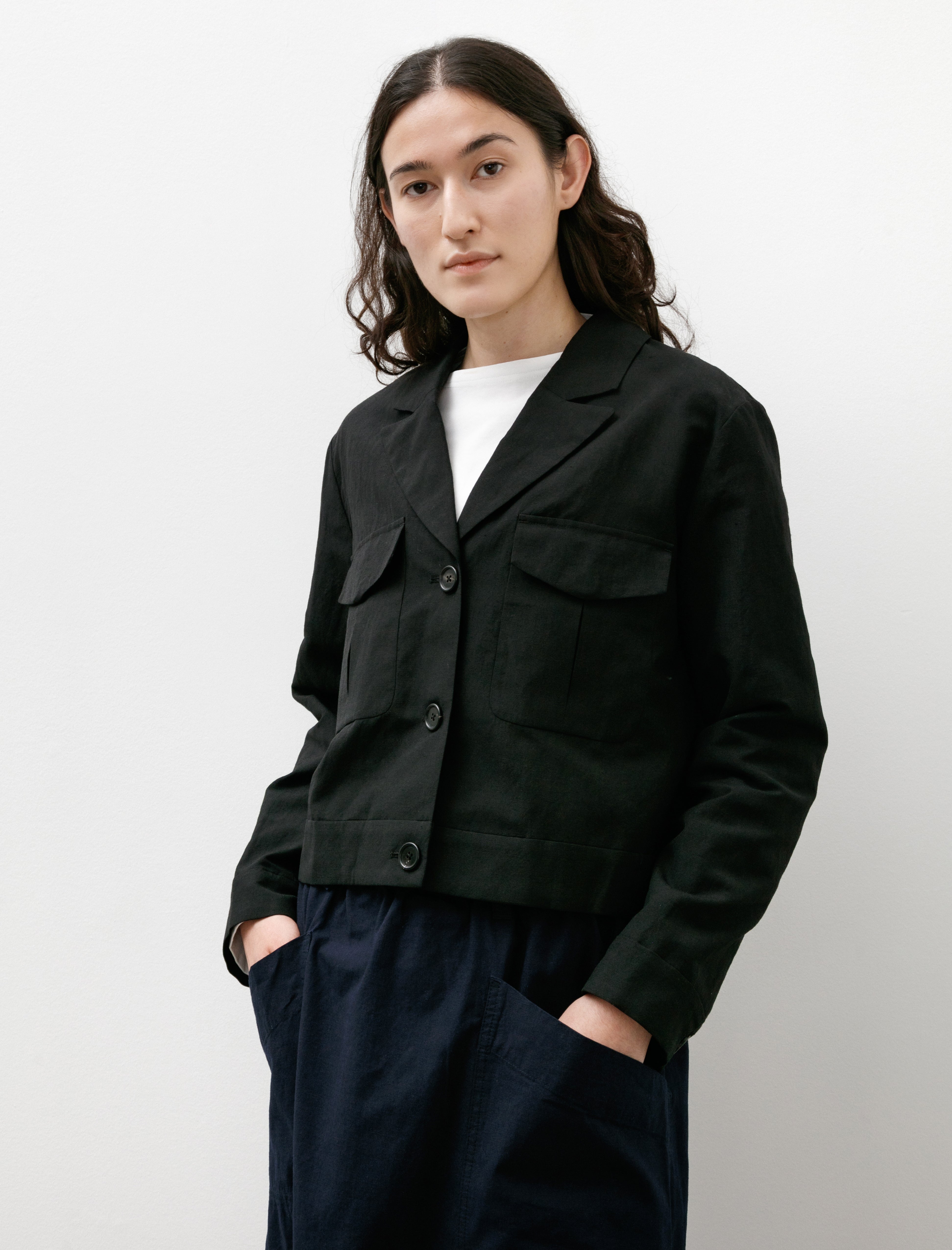 Margaret Howell Cropped Jacket Yarn Dyed Wool Linen Black