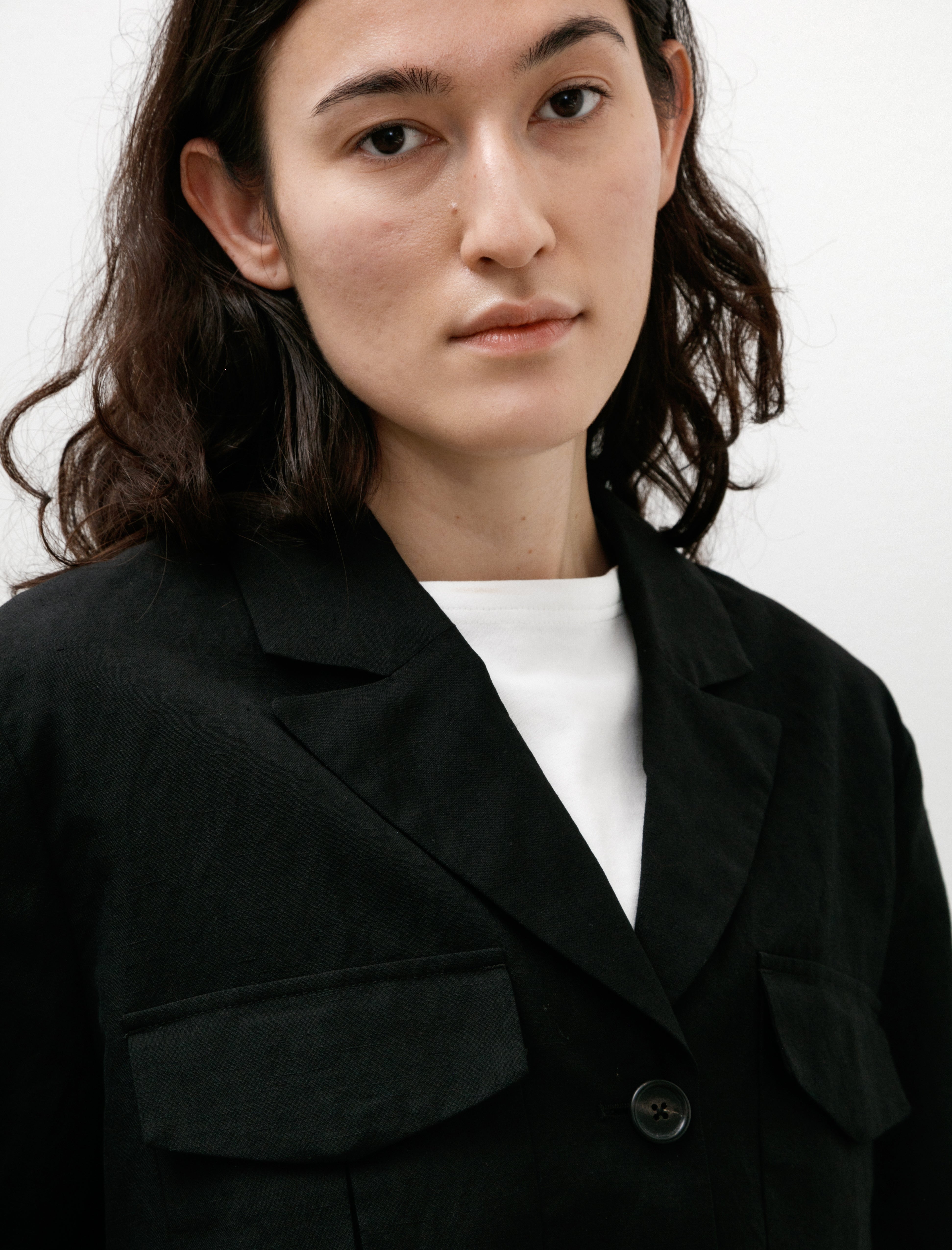 Margaret Howell Cropped Jacket Yarn Dyed Wool Linen Black