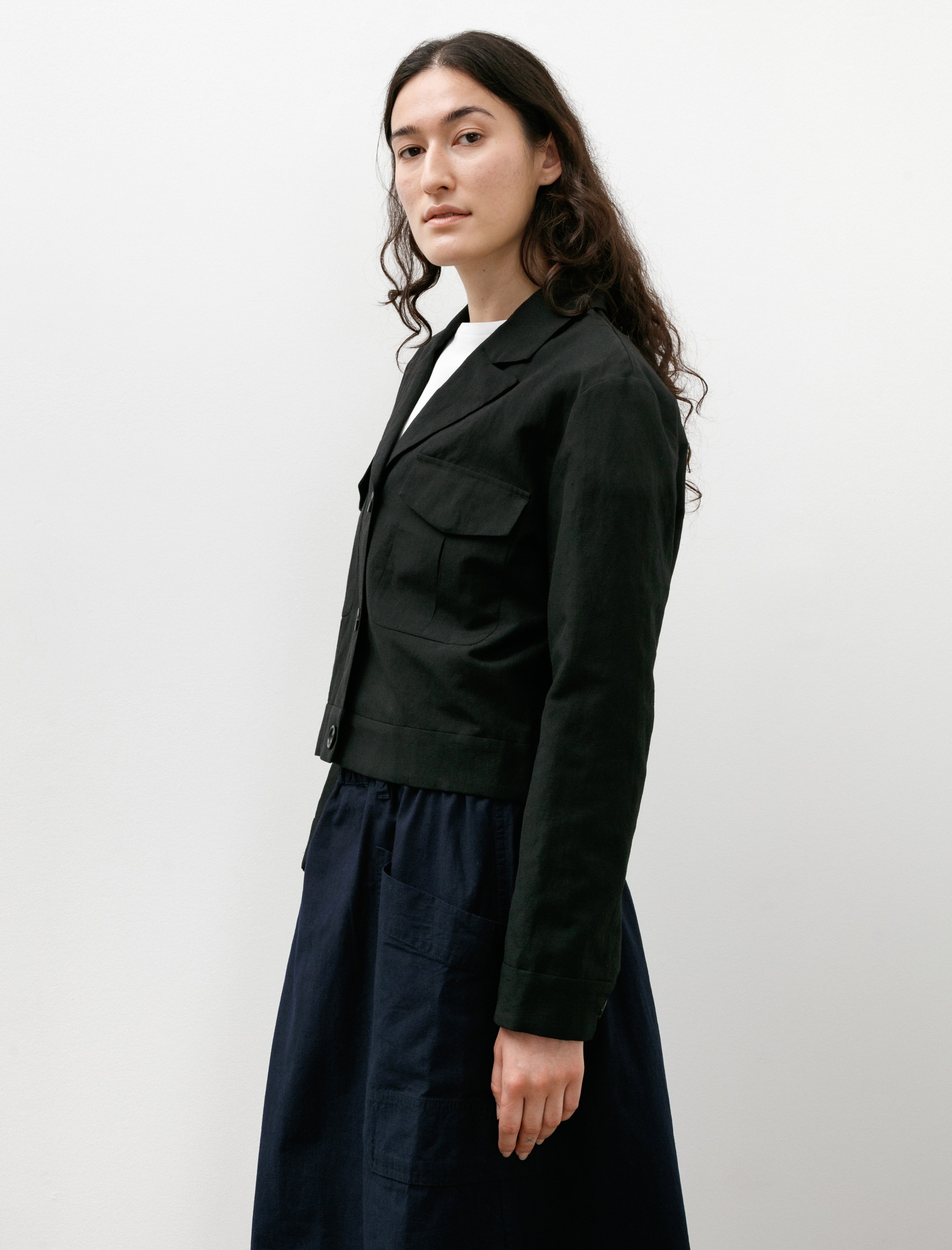 Margaret Howell Cropped Jacket Yarn Dyed Wool Linen Black