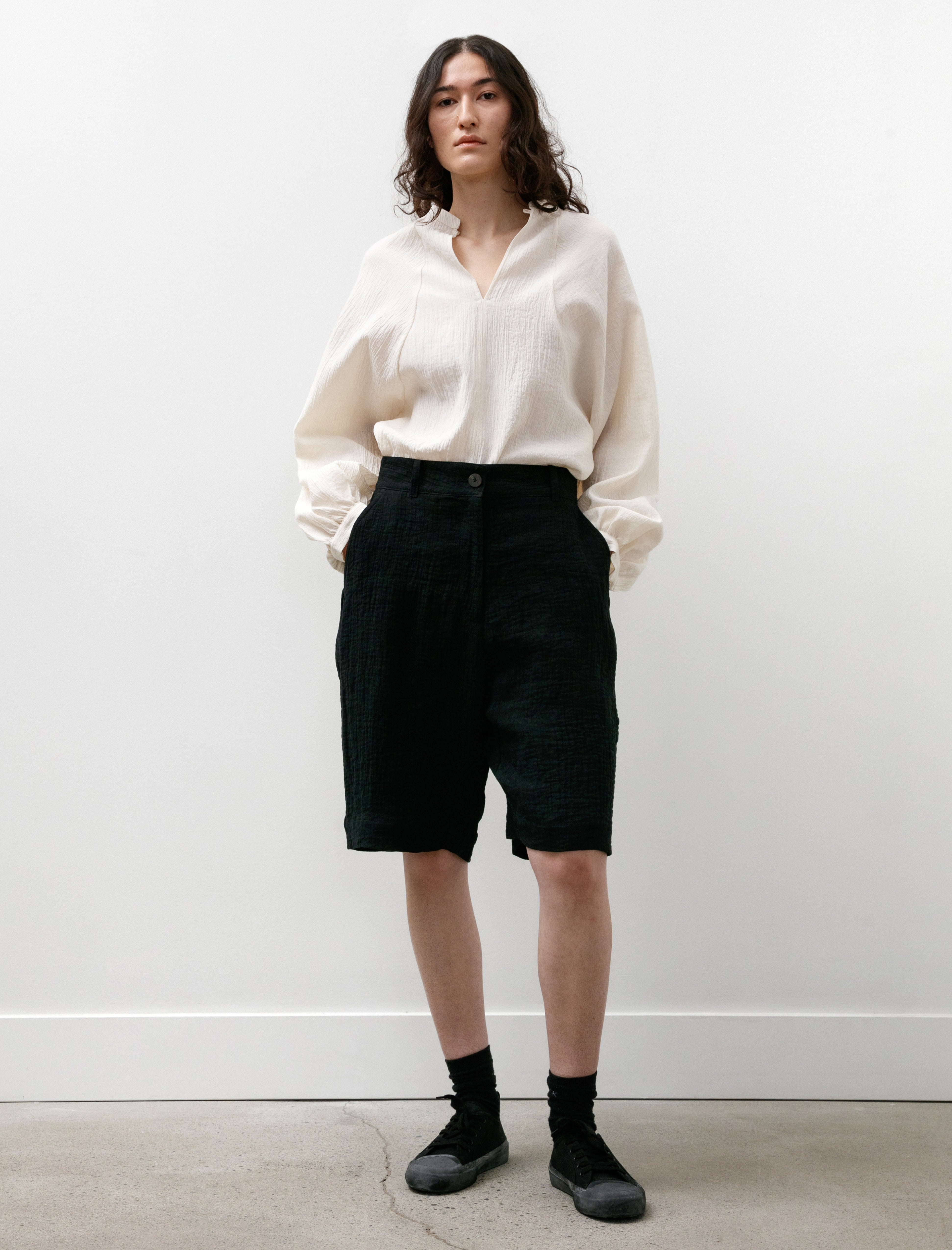 Studio Nicholson Luna Wide Leg Shorts Double Linen Dark Navy