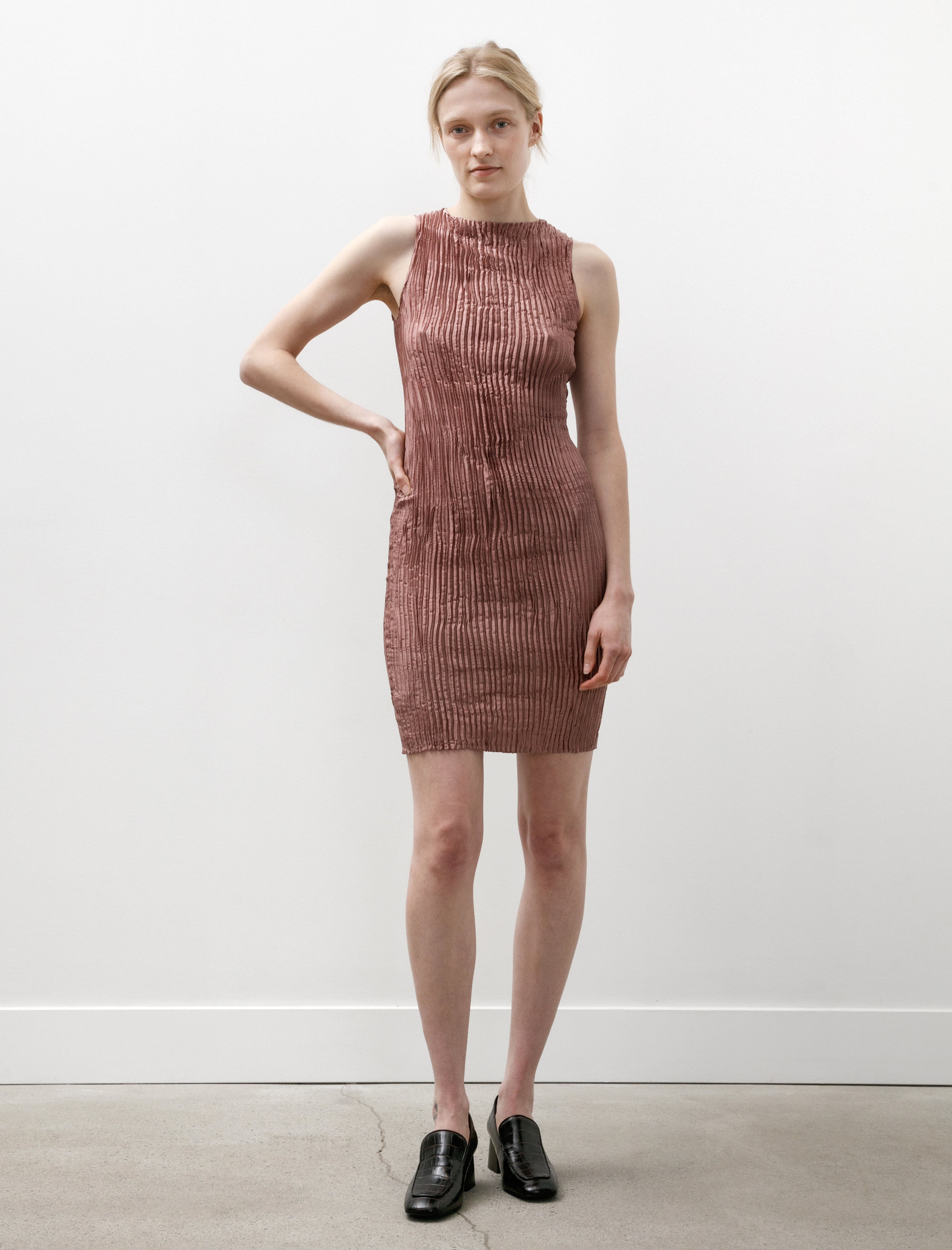 Azur Plissé Silk Tank Short Dress Smoked Purple