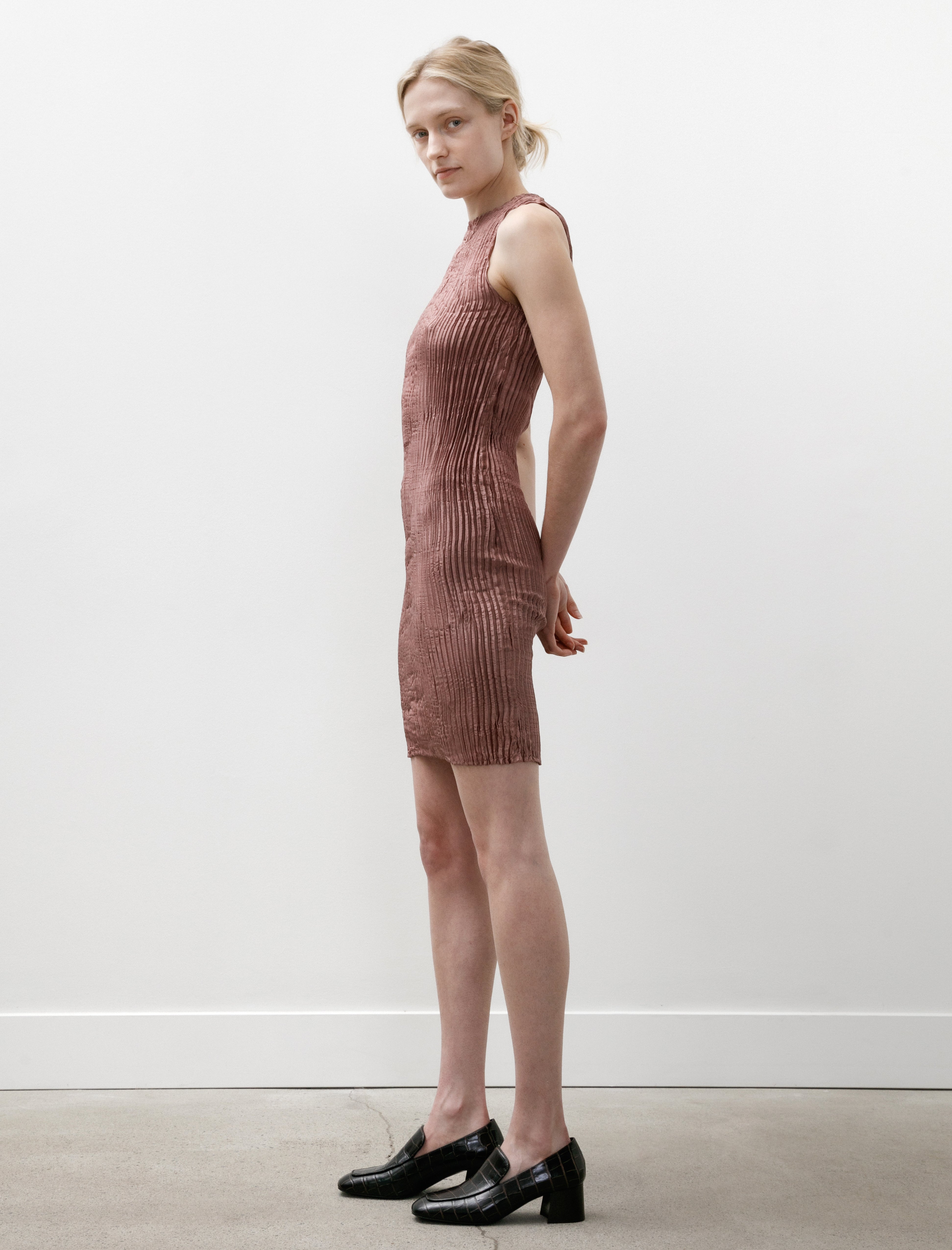 Azur Plissé Silk Tank Short Dress Smoked Purple