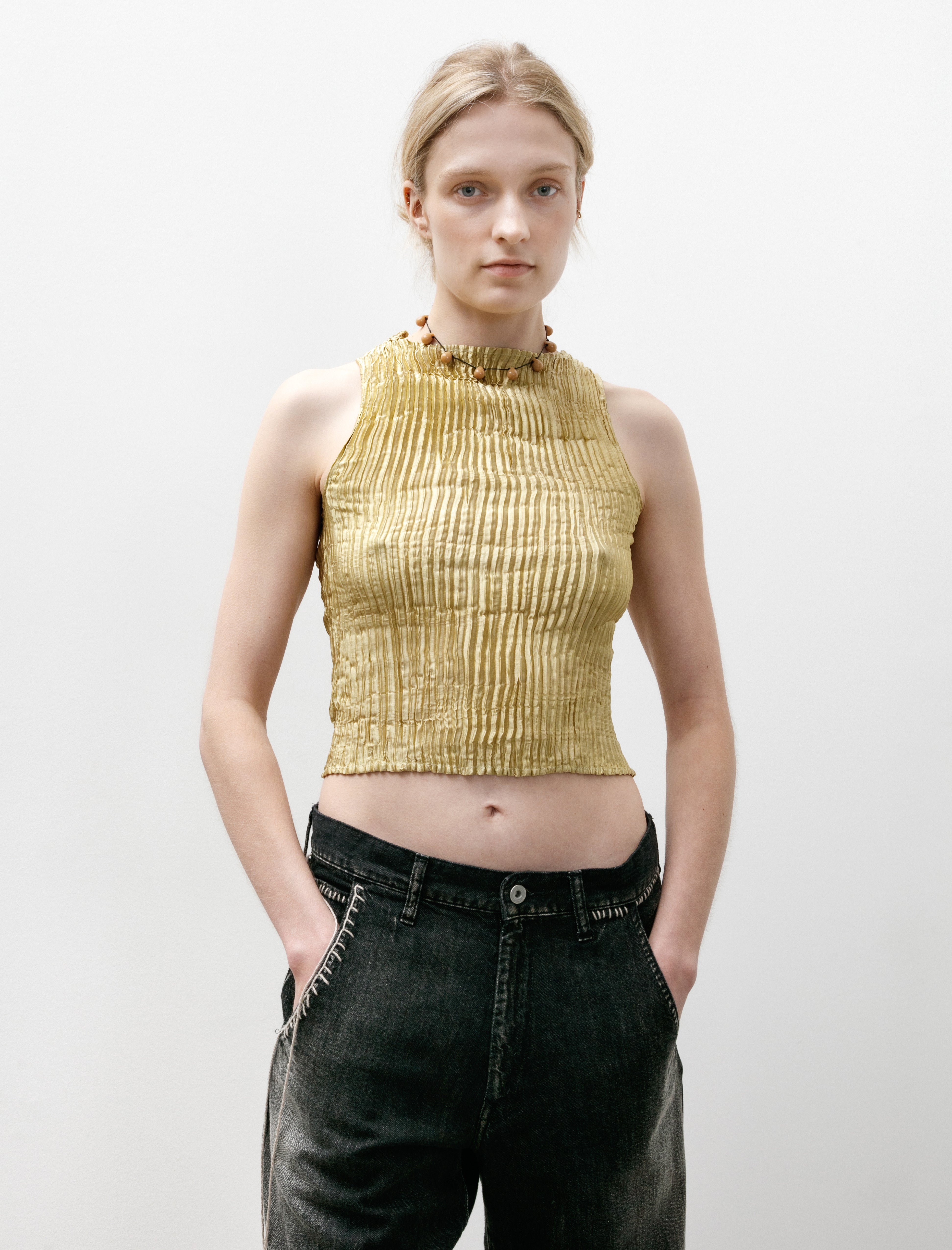 Azur Plissé Silk Tank Top Pistachio