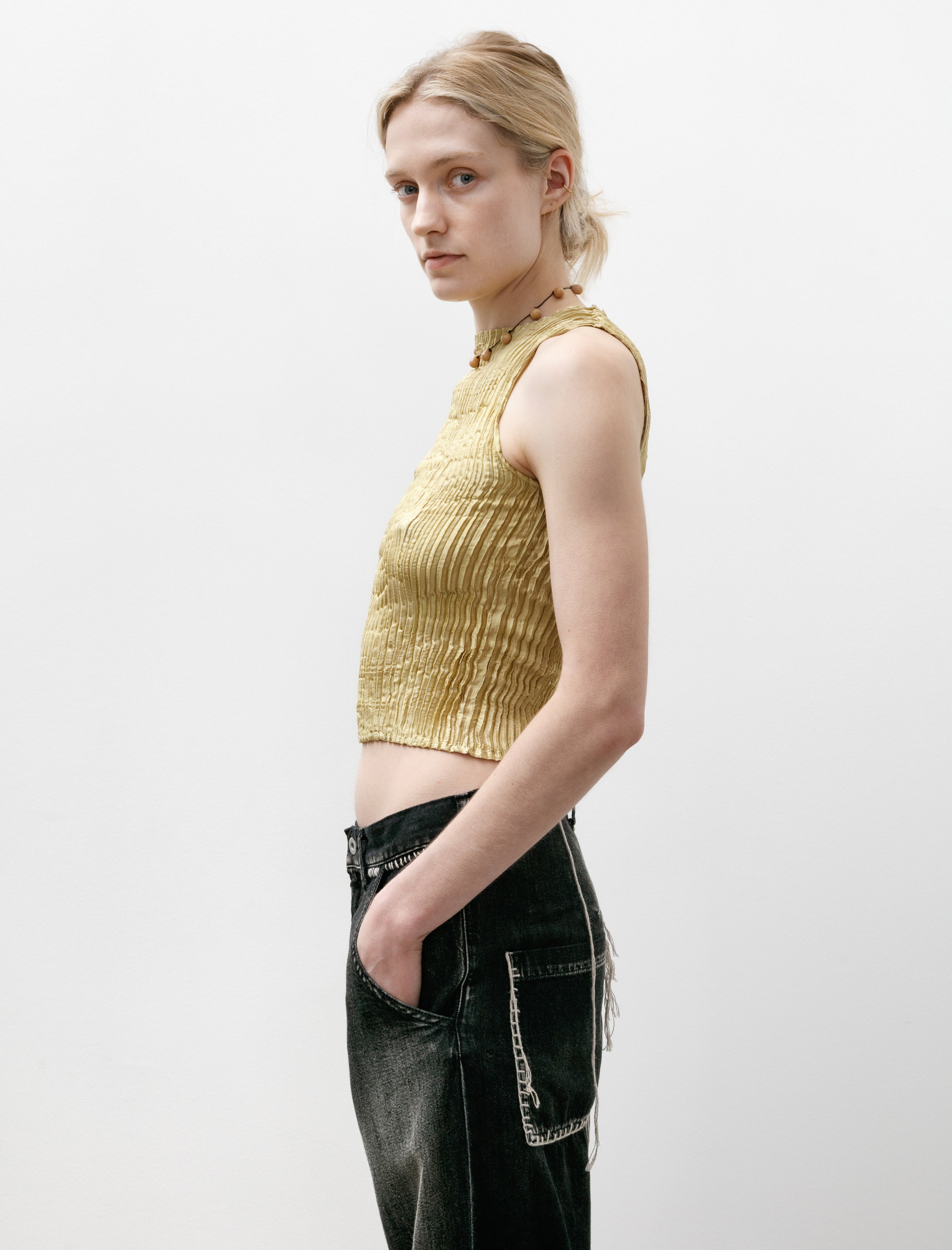 Azur Plissé Silk Tank Top Pistachio