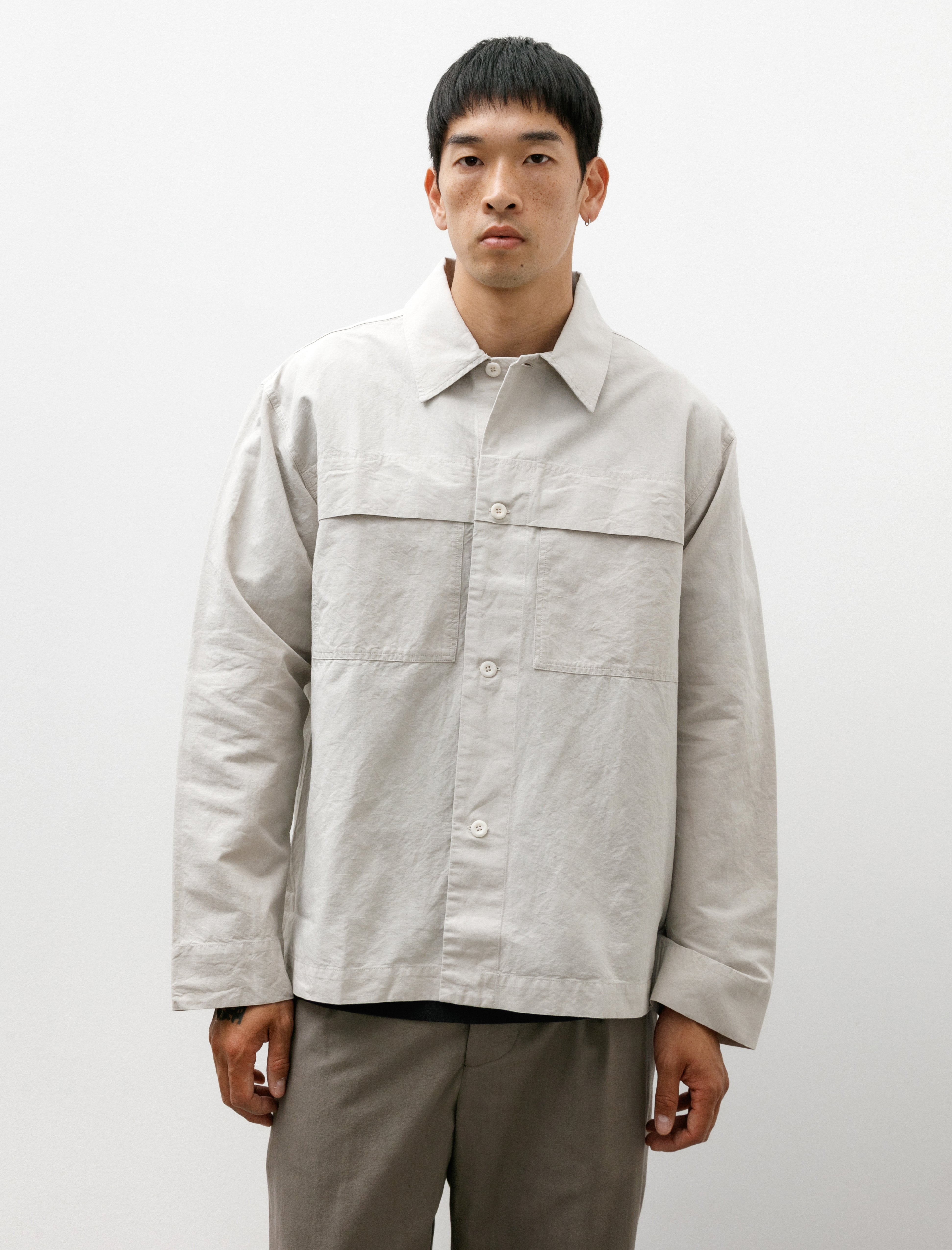 Margaret Howell MHL Storm Flap Shirt Dry Cotton Linen Pale Stone
