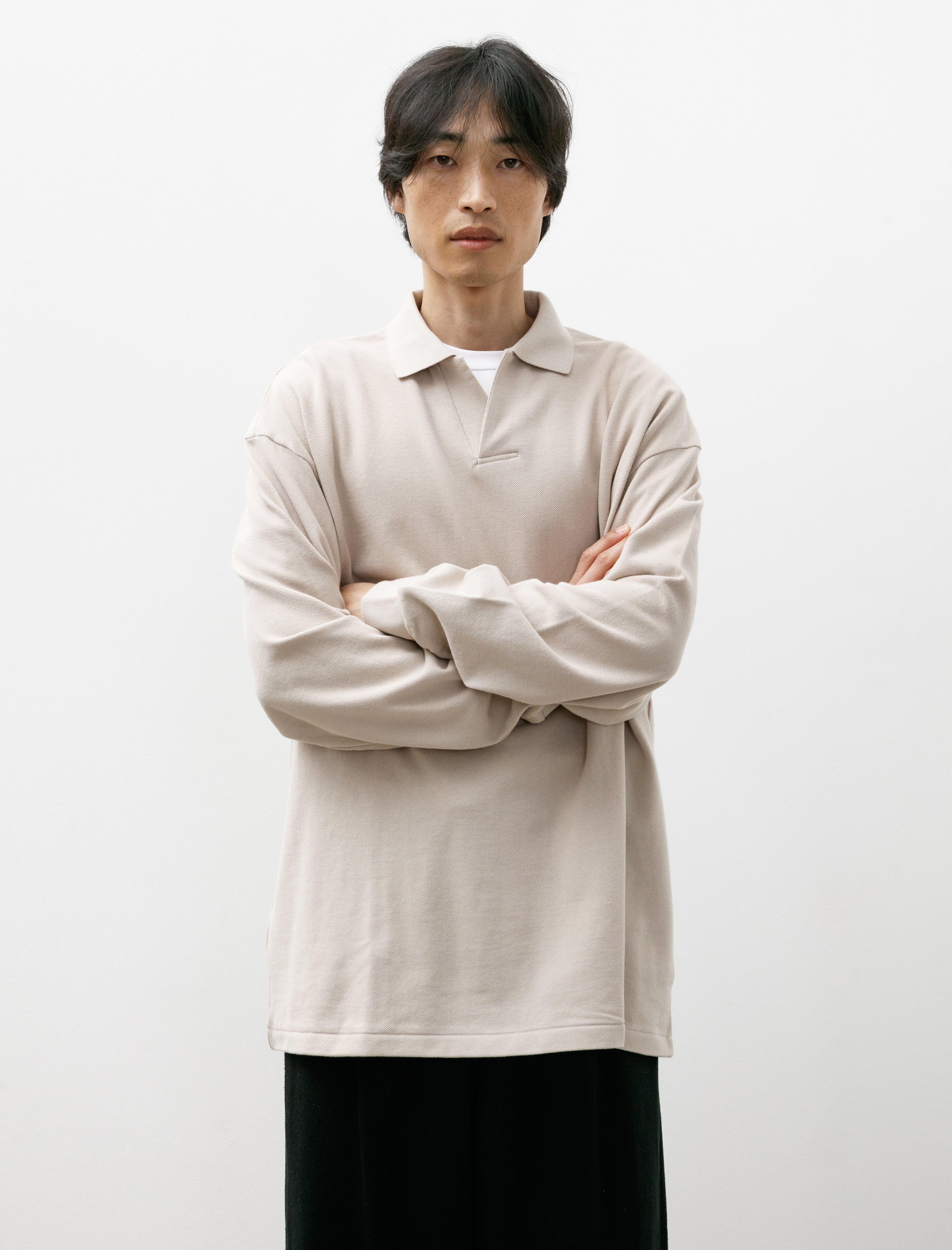 Graphpaper Cotton Pique Jersey L/S Skipper Polo Beige