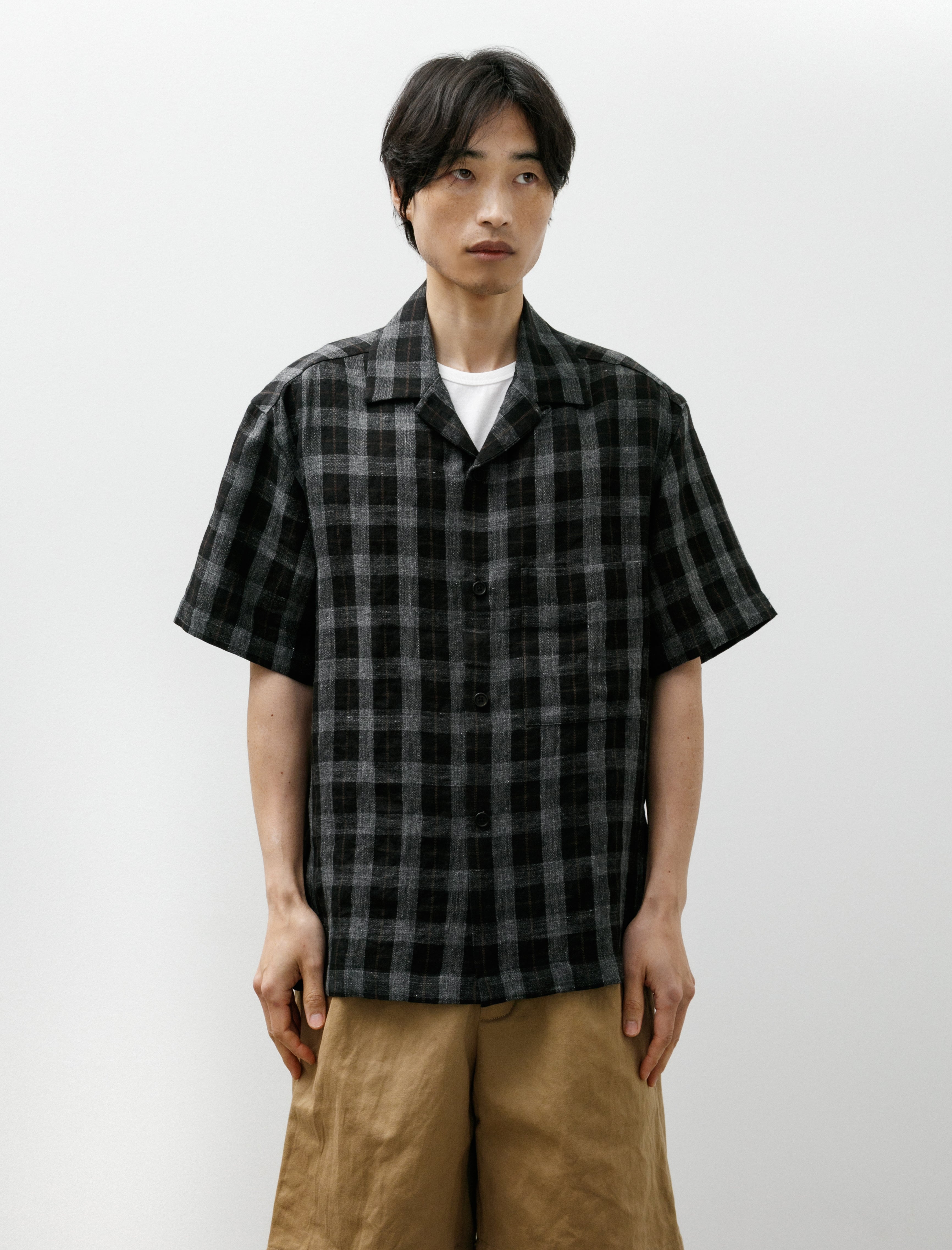 Evan Kinori Short Sleeve Shirt Yarn Dye Linen Check Charcoal Brown Black