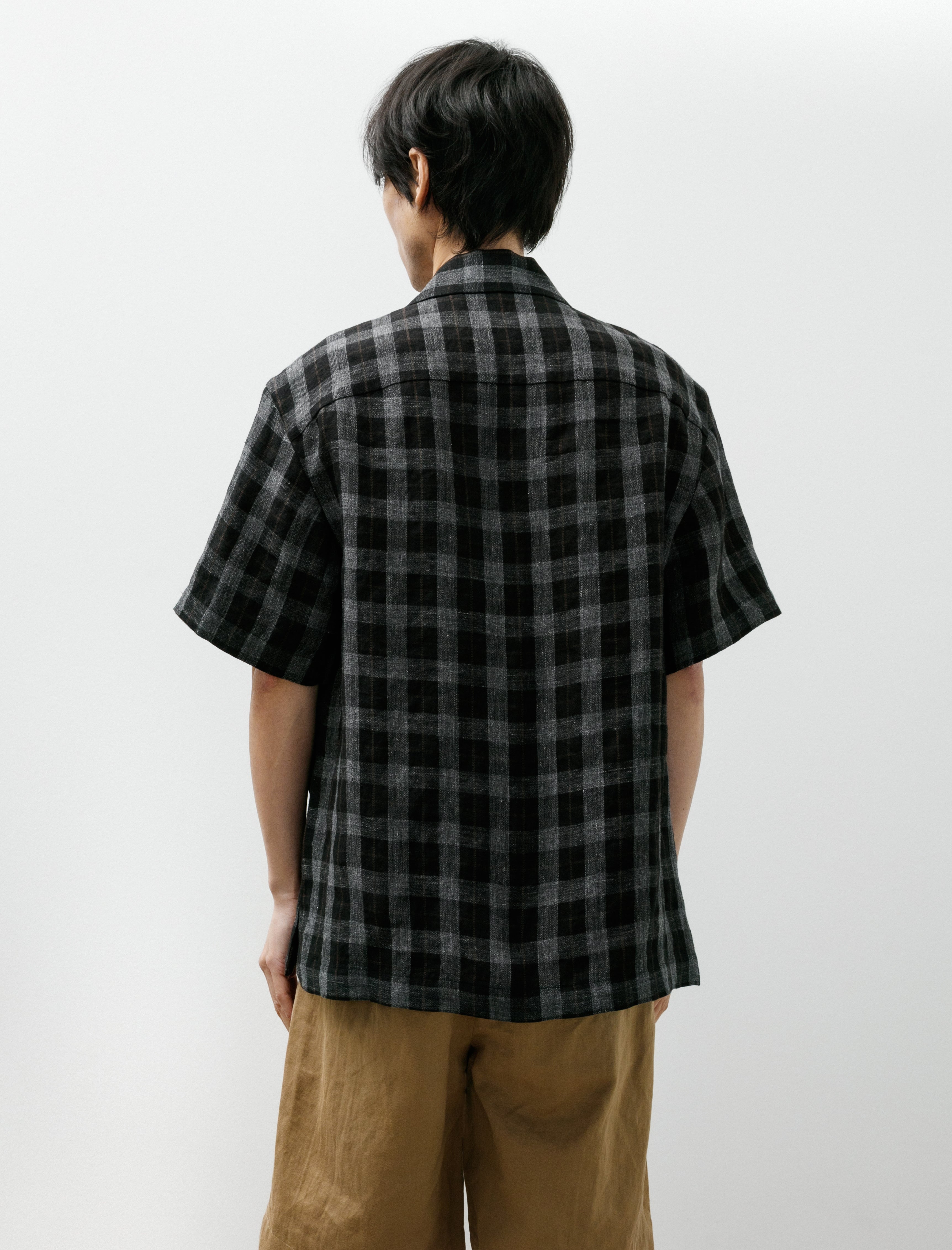 Evan Kinori Short Sleeve Shirt Yarn Dye Linen Check Charcoal Brown Black