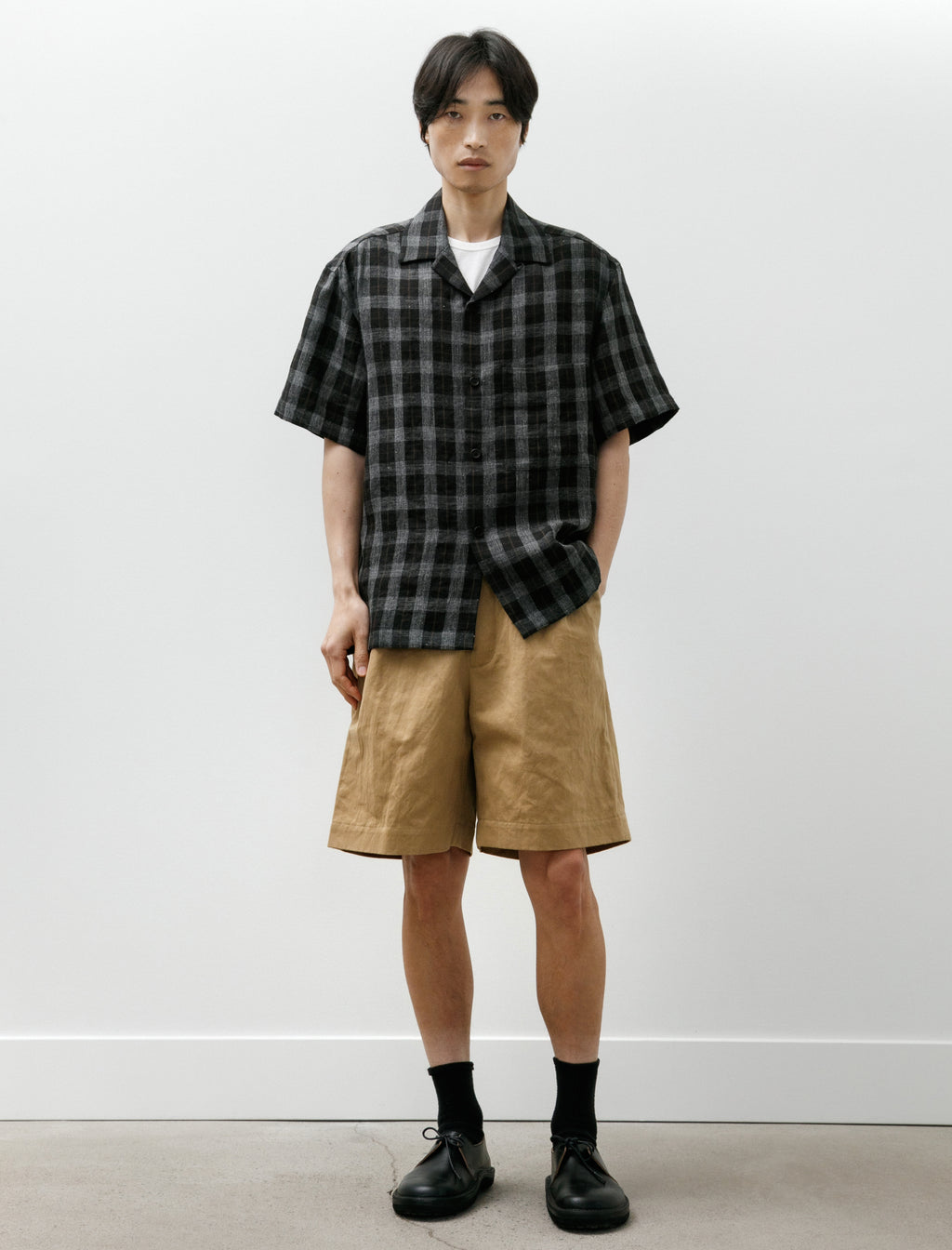 Evan Kinori Two Pleat Short Cotton/Washi Twill Natural Gallnut Dye