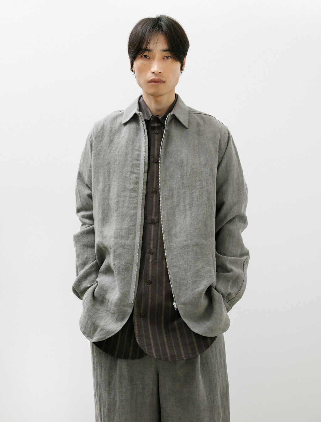 Frank Leder Zip Charcoal Dyed Herringbone Linen Shirt – Neighbour