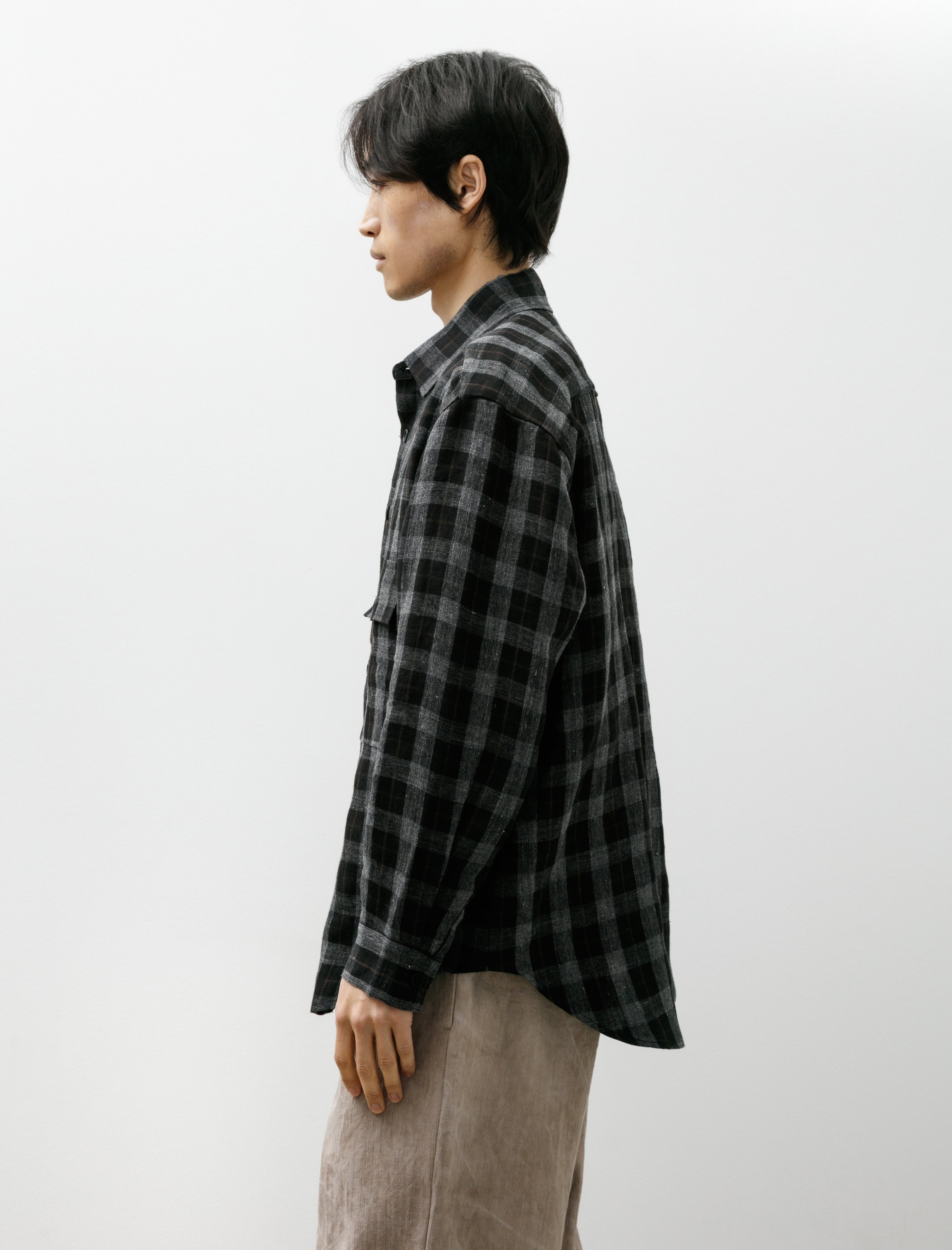 Evan Kinori Big Shirt Yarn Dye Linen Check Charcoal Brown Black