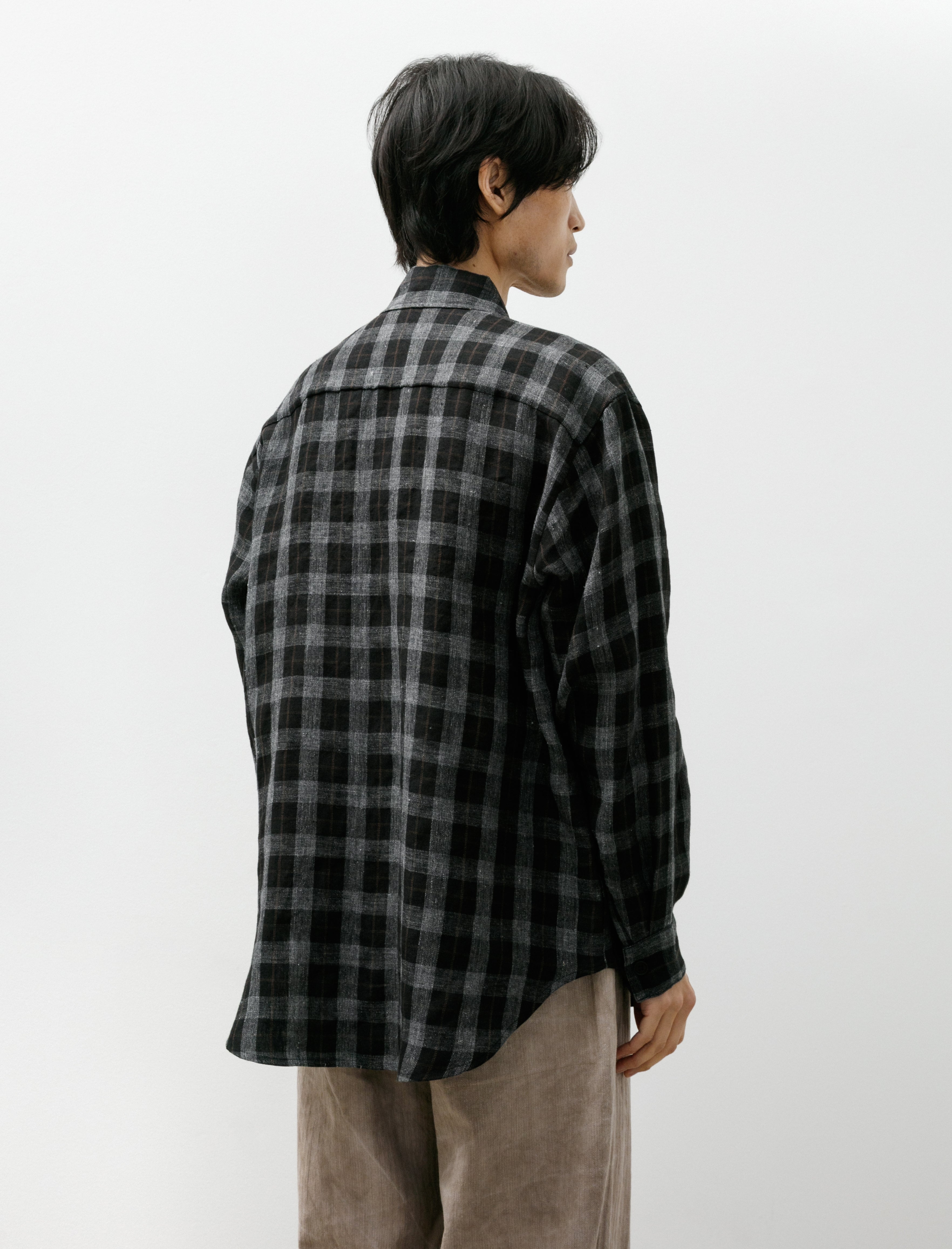 Evan Kinori Big Shirt Yarn Dye Linen Check Charcoal Brown Black