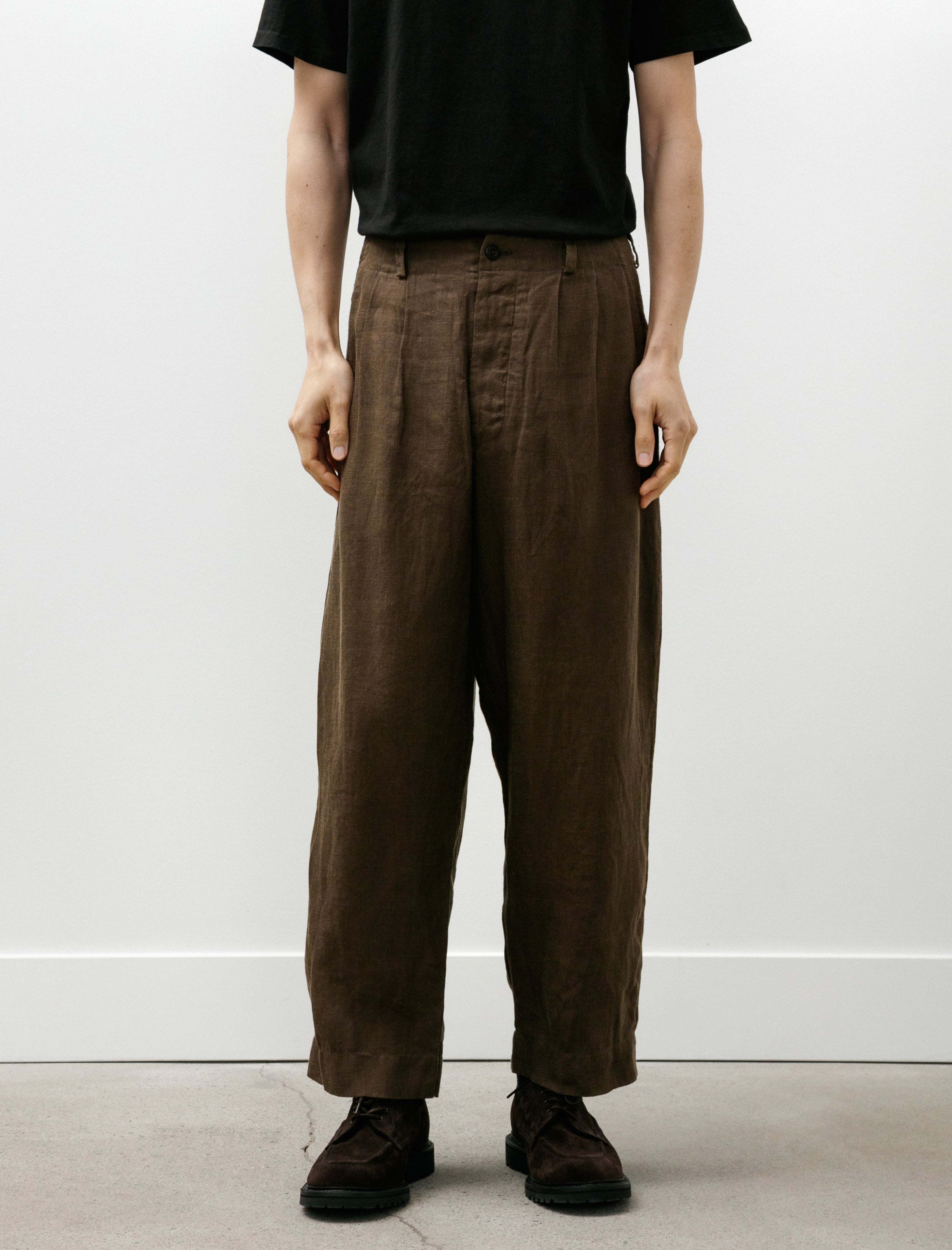 Evan Kinori Two Pleat Pant Sumi Ink Hemp Twill Dark Olive