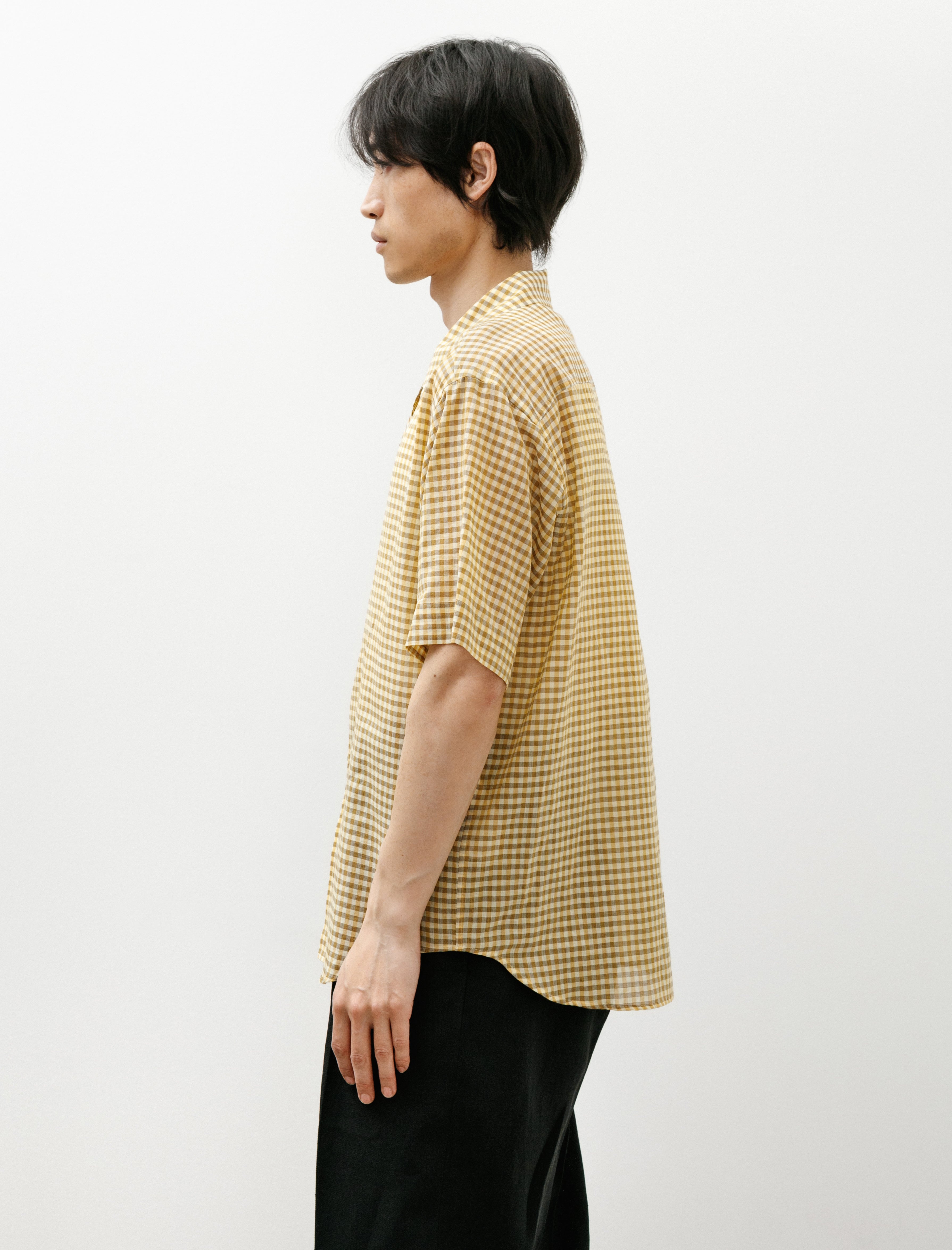 Auralee Airy Light Cotton Check Half Sleeved Shirt Mustard Gingham