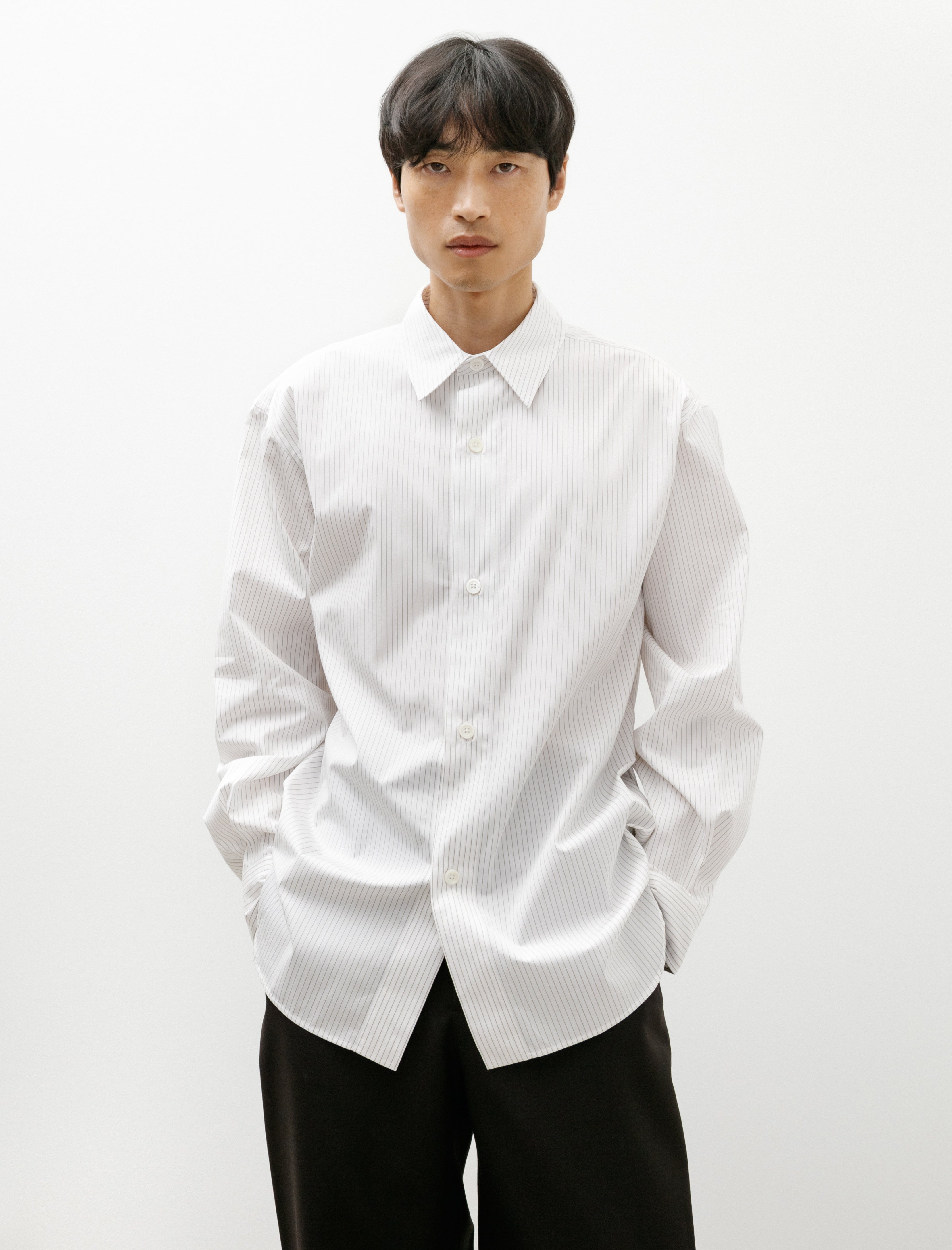 Margaret Howell Relaxed Shirt Pencil Cotton Stripe White Olive