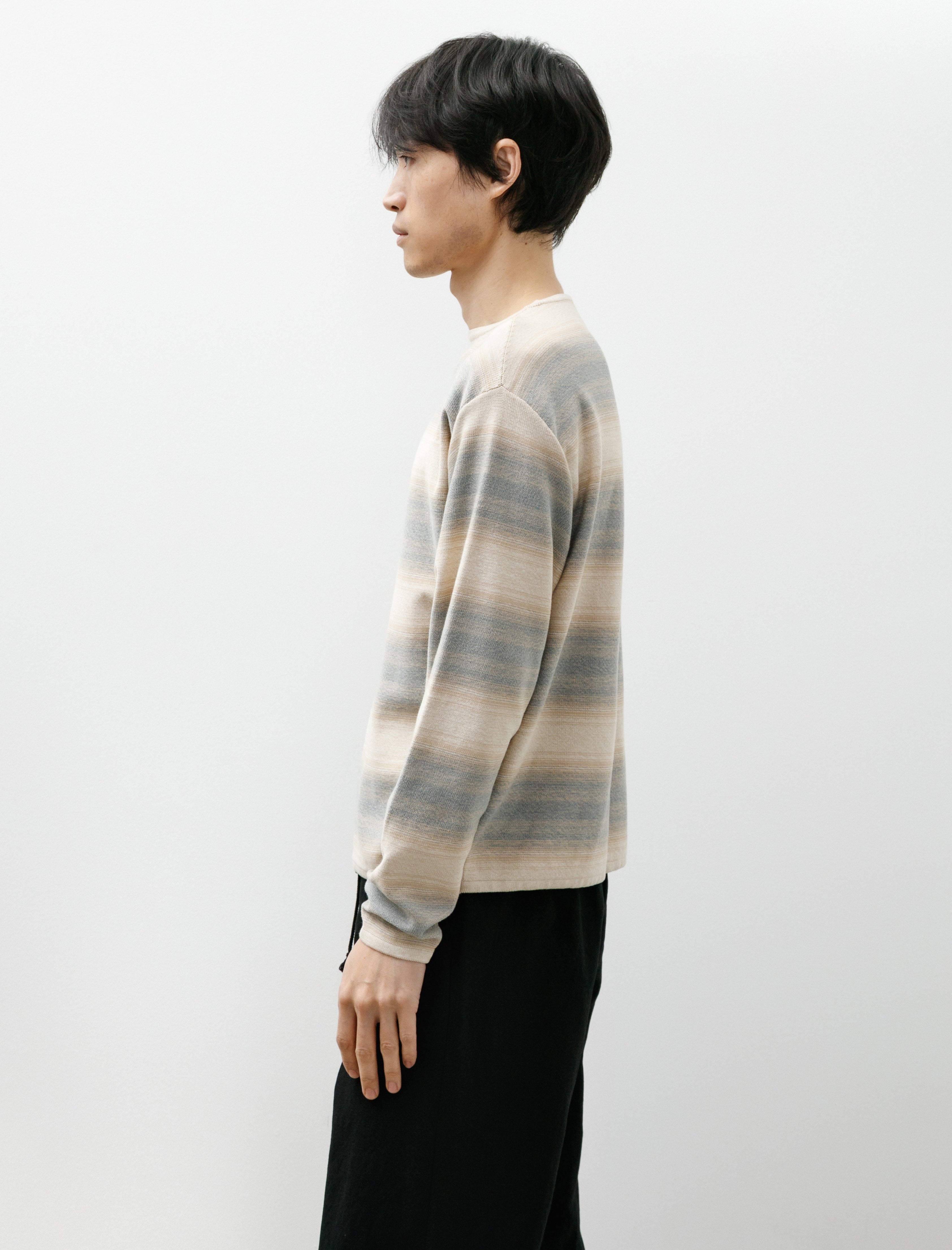 Auralee Cotton Silk Gradient Stripe Boat Neck Blue Beige Stripe